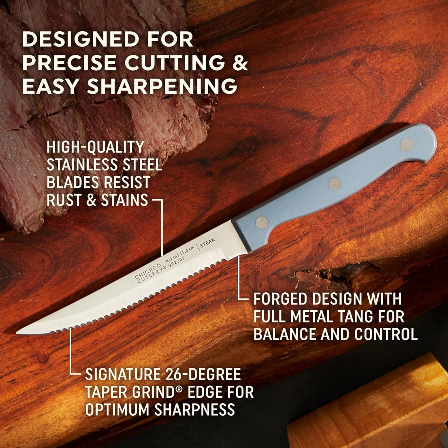 Chicago Cutlery Halsted (7-PC) Steak Knives & Wooden Block Set, Ergonomic Handles and Sharp Stainless Steel Professional Chef Cutlery Set