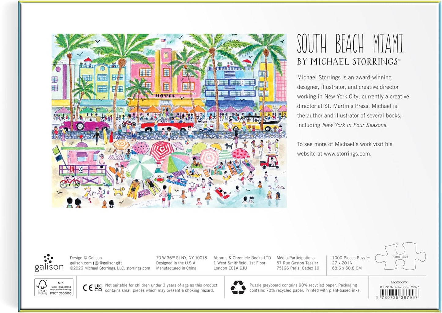 Galison South Beach Miami – 1000 Piece Michael Storrings Jigsaw Puzzle Featuring Beautiful Artwork of South Beach During Summertime