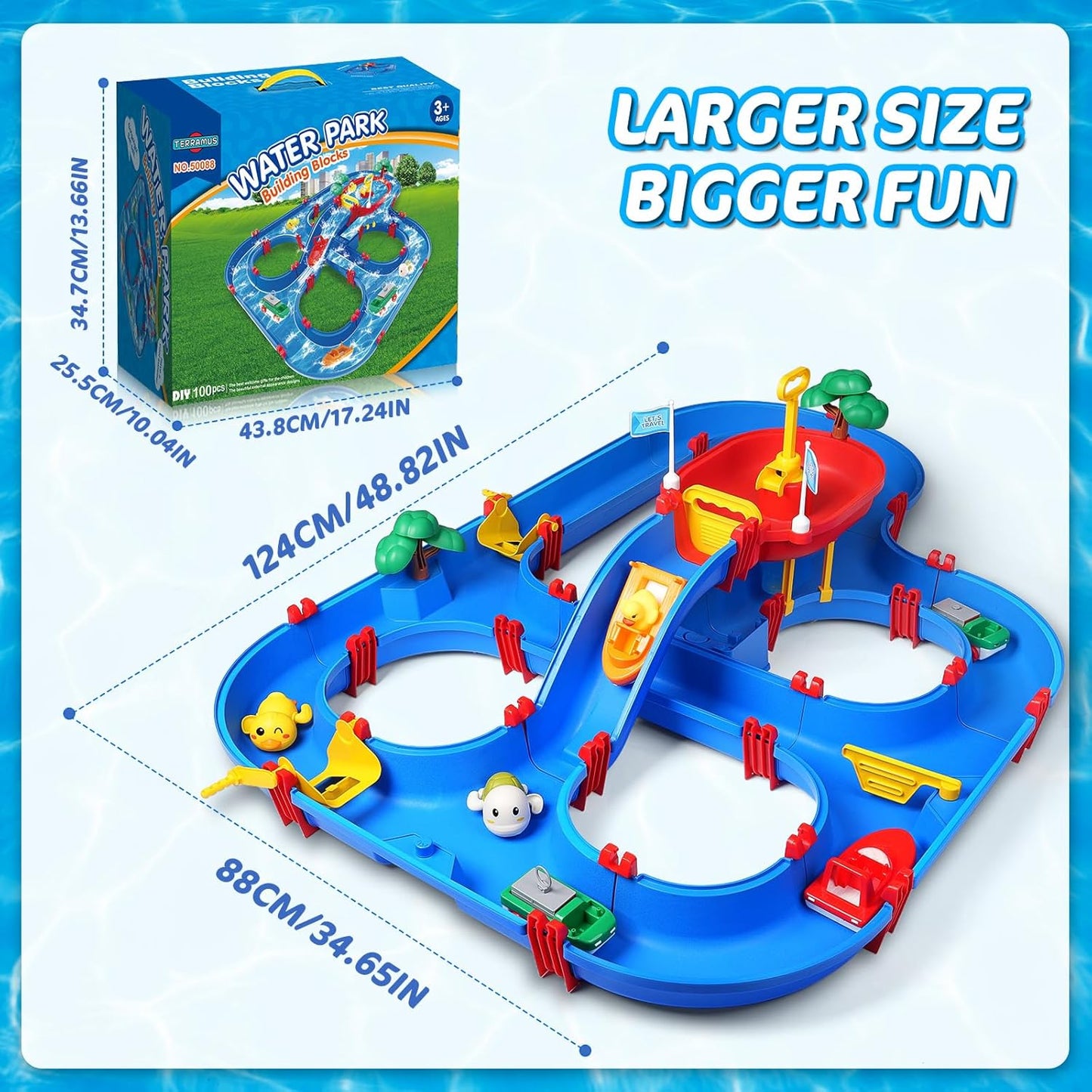 Double-Tier Kids Water Table Toys, 100PCS Water Park Playset with Pump, DIY Toddler Waterways, Summer Outdoor Toys for Backyard,Lawn,Beach,Pool, Outside Activity Funs for Boys Girls 4-8 3-5