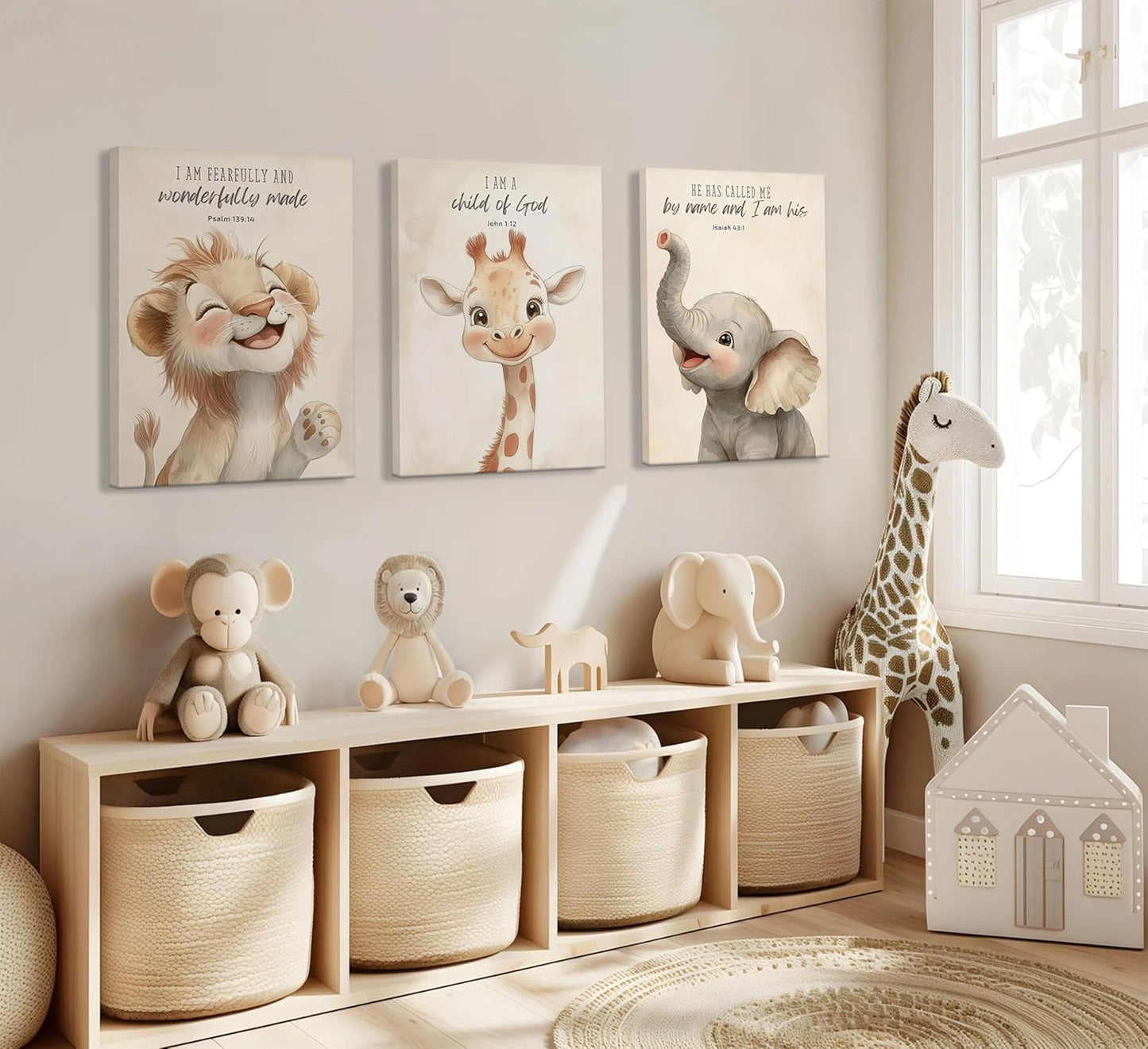 3Pcs Bible Verses Christian Nursery Safari Animals Canvas Wall Art Child of God Cute Animals Picture Wall Decor Lion Giraffe Elephant Poster Print Artwork for Kids Boys Girls Room Home Decoration