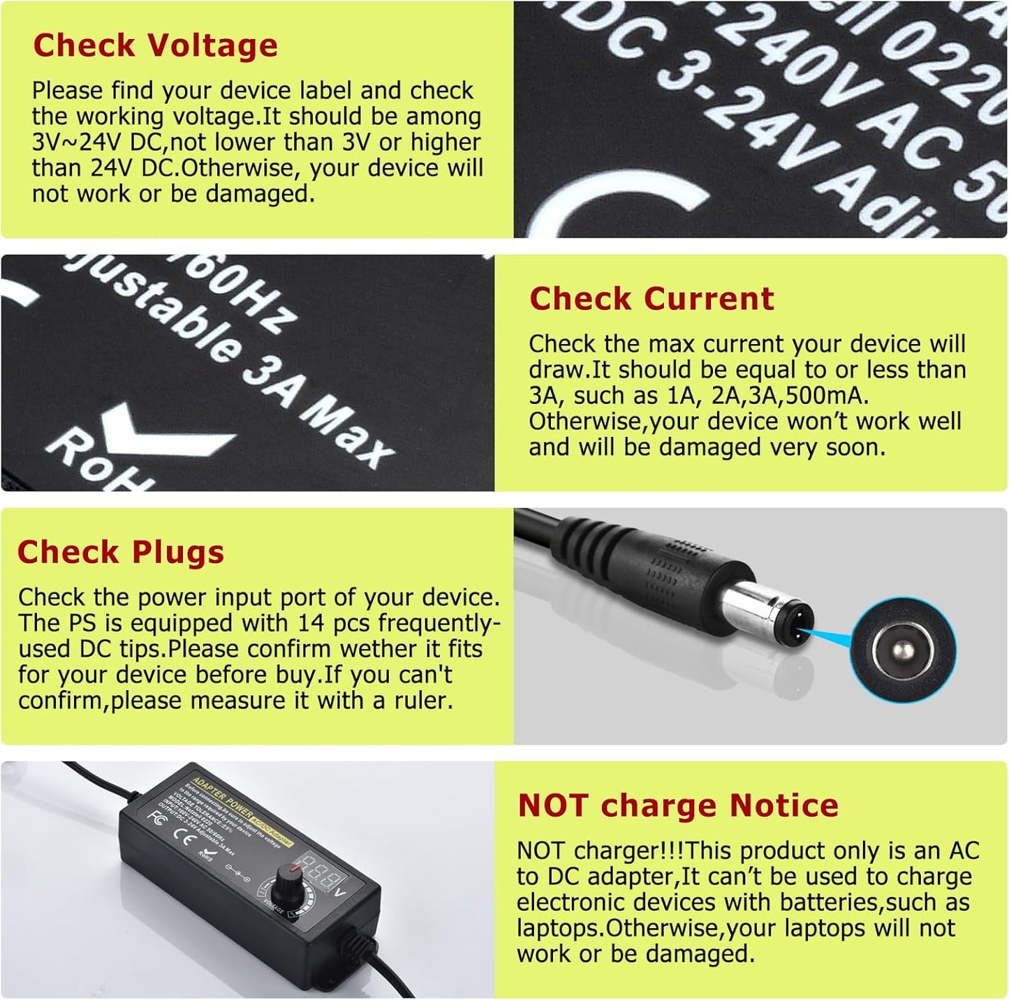 Universal Power Supply Adjustable 3A 72W DC 3V ~ 24V Variable Universal Switching 100V-240V AC/DC Adapter with Volt Display & Adjustable Voltage & 14pcs Tips & A Reverse Polarity Converter