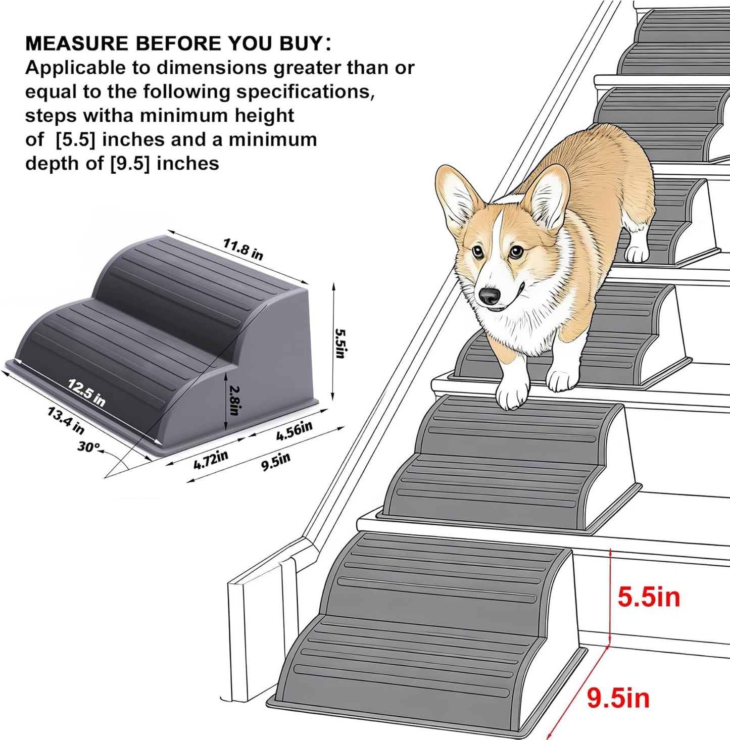 2-Step Modular Dog Ramp - Portable Non-Slip Stairs for Small Dogs with High Support, 9.5" D Lightweight Plastic Pet Steps Fits Staircase Indoor, Ideal for Elderly Injured Pets (6-Pack, Grey)