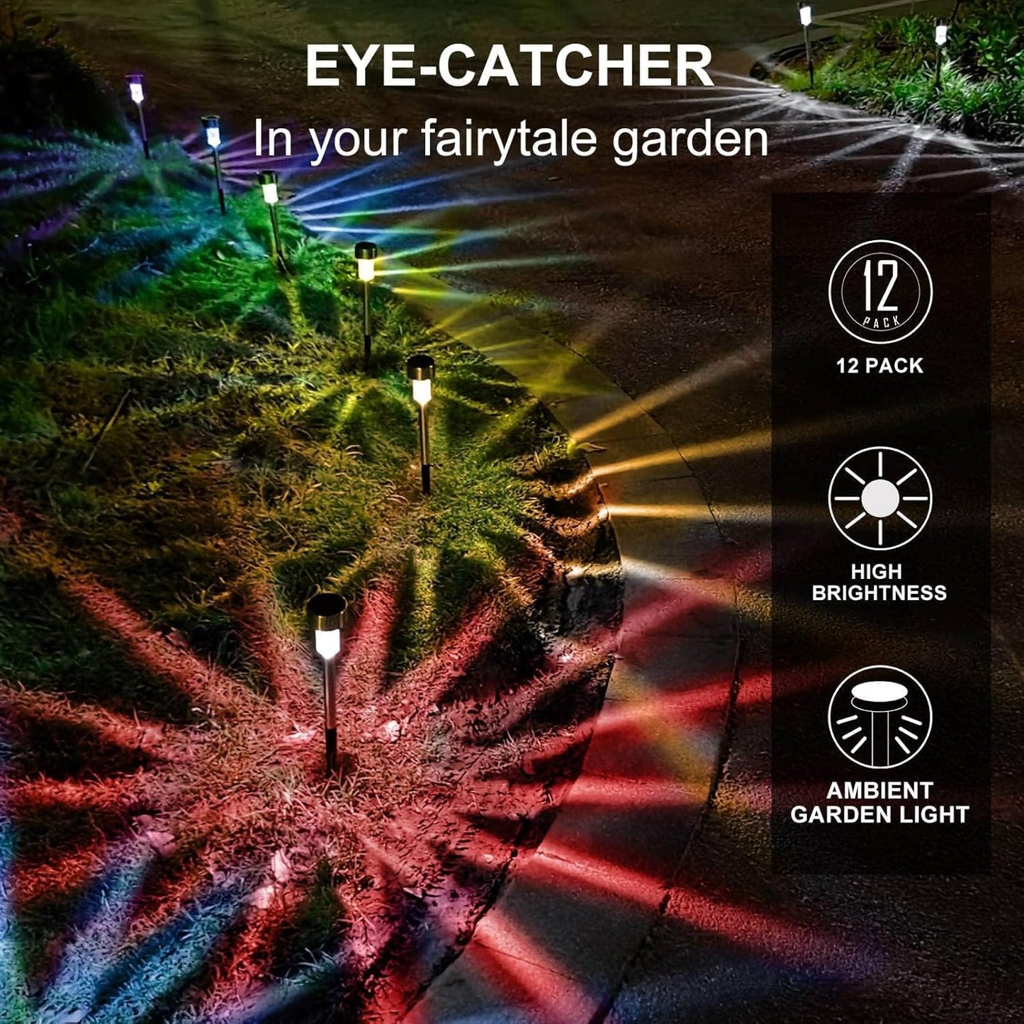 Dream Master Solar Lights Outdoor Waterproof, Stainless Steel LED Landscape Lighting, Solar Garden Lights, Outdoor Decorations for Yard, Pathway, Walkway, Patio, Lawn - 12 Pack (Multicolor)