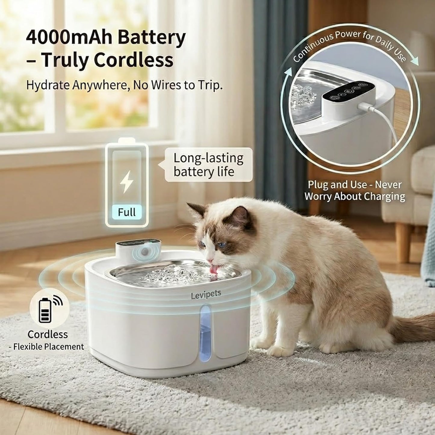 Stainless Steel Tray Cat Water Fountain 108oz/3.2L, 4000 mAh Battery Powered Automatic Pet Water Fountain, Ultra Quiet 25dB, Motion Sensor, 4-Stage Filter, Easy Clean for Cats & Small Dogs