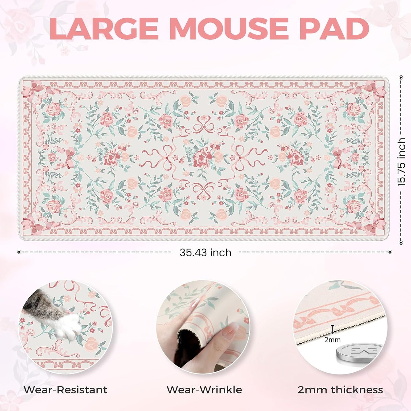 iCasso Pink Desk Mat for Desktop,Cute Desk Pad for Women,Girly Bow Mouse Pad with Stitched Edges,Non-Slip Large Computer Mat for Home Office Study Gaming