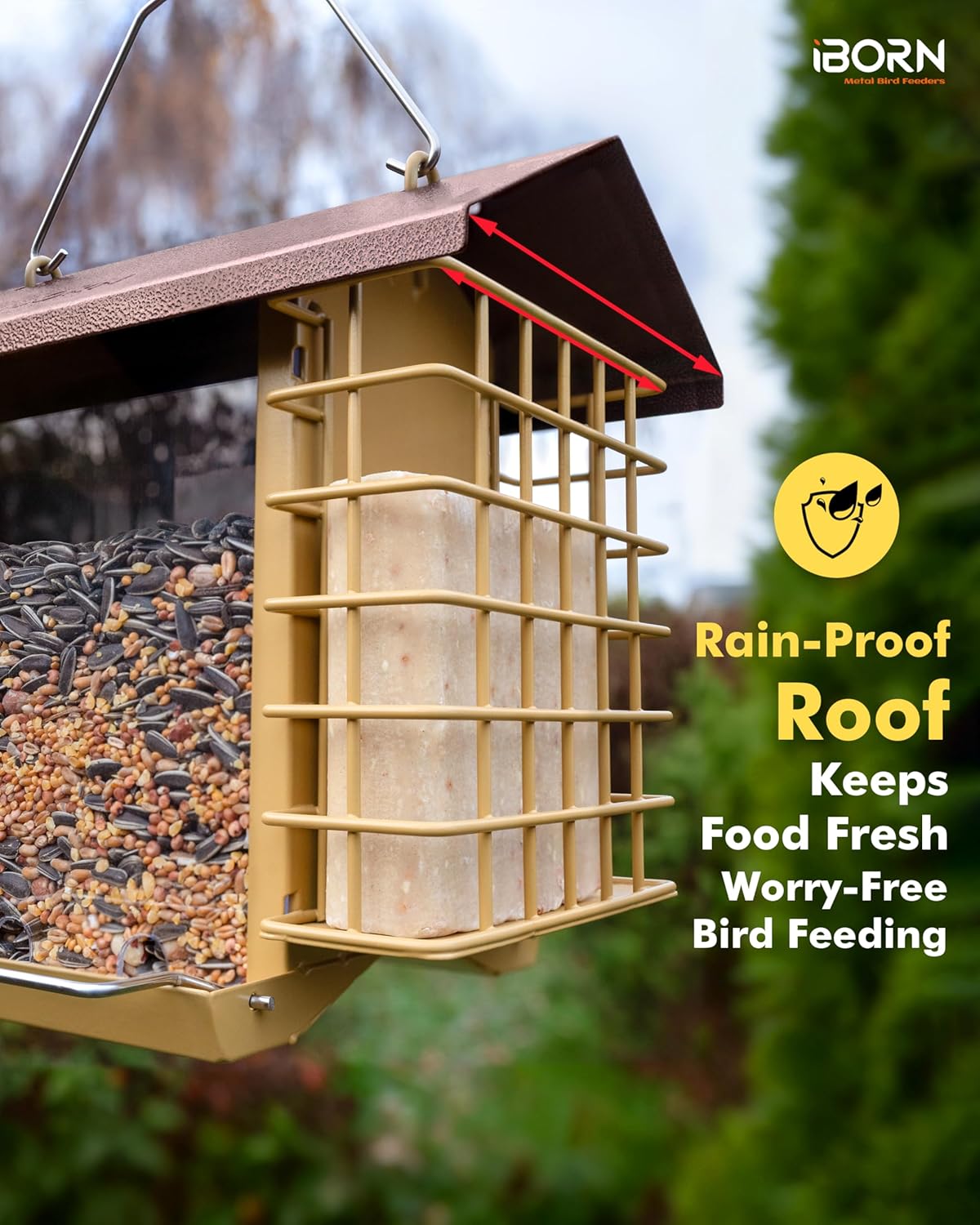 iBorn Bird Feeders for Outdoors,Bird Feeder with Double Suet Holders,Suet Feeder for Outside,Weatherproof Metal Roof,Easy to Refill&Clean,3.2 LBs Seed Capacity+2X Cake,1 Pack,Coffee Roof & Yellow Grid