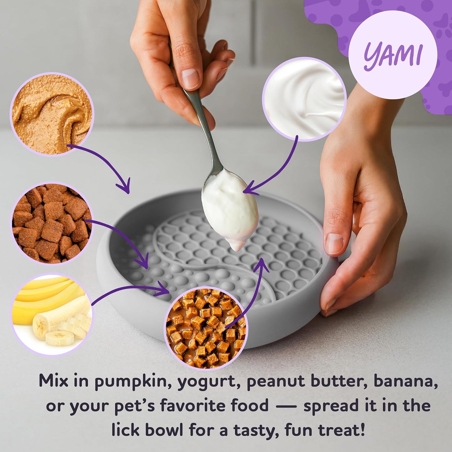 YAMI Dog Lick Bowl, Lick Mat for Dogs, Wet Food Cat Slow Feeder, Freeze Bowl, Enrichment & Puzzle Toy for Anxiety Relief, Food-Grade Silicone, Suction Cups, Dishwasher Fit, for All Breed (Light Gray)