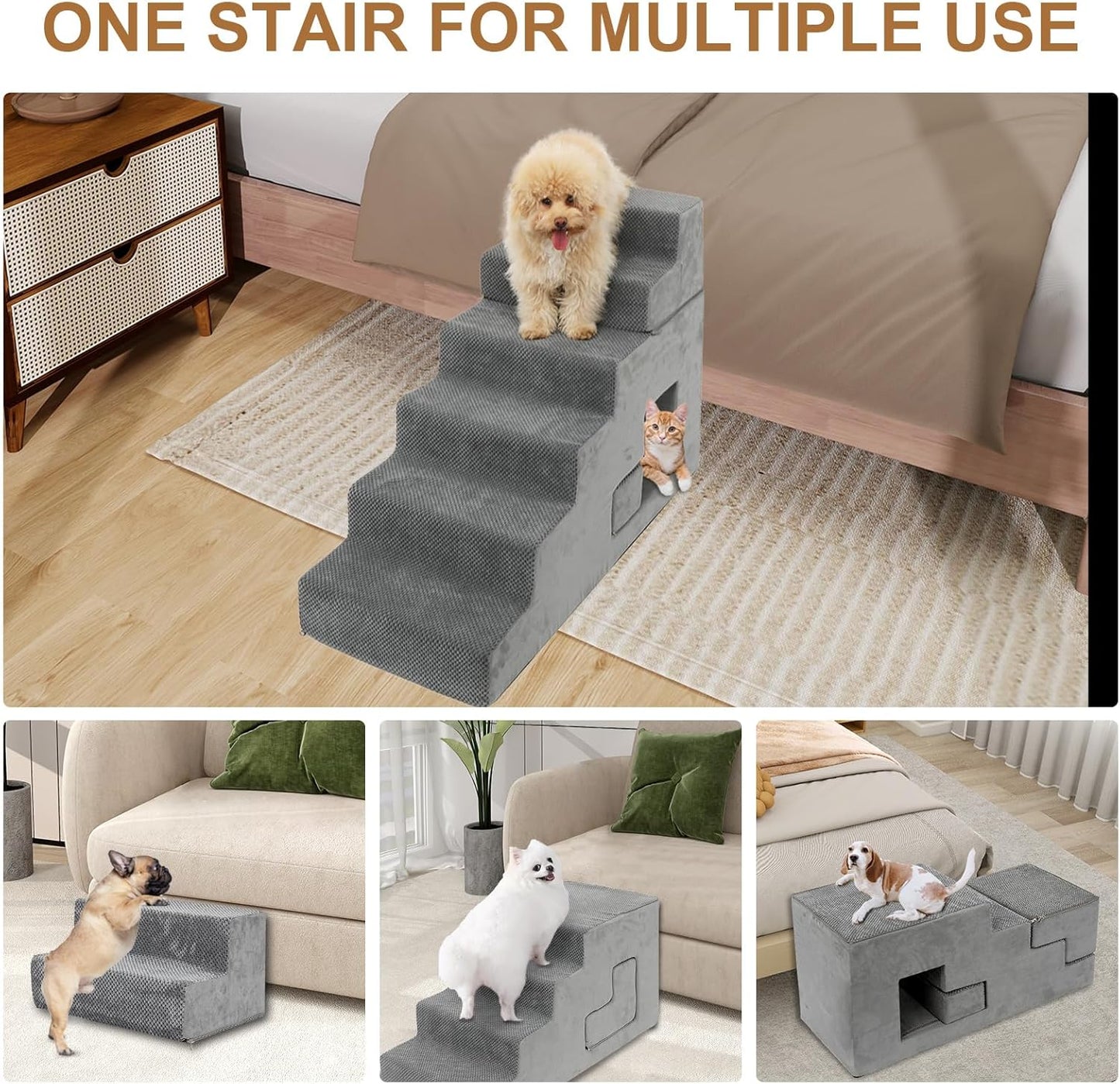 Dog Stairs for Small Dogs 27”H, 6-Step Dog Steps for High Bed, High-Density Foam Pet Stairs with Non-Slip Removable Washable Cover to Get on Bed