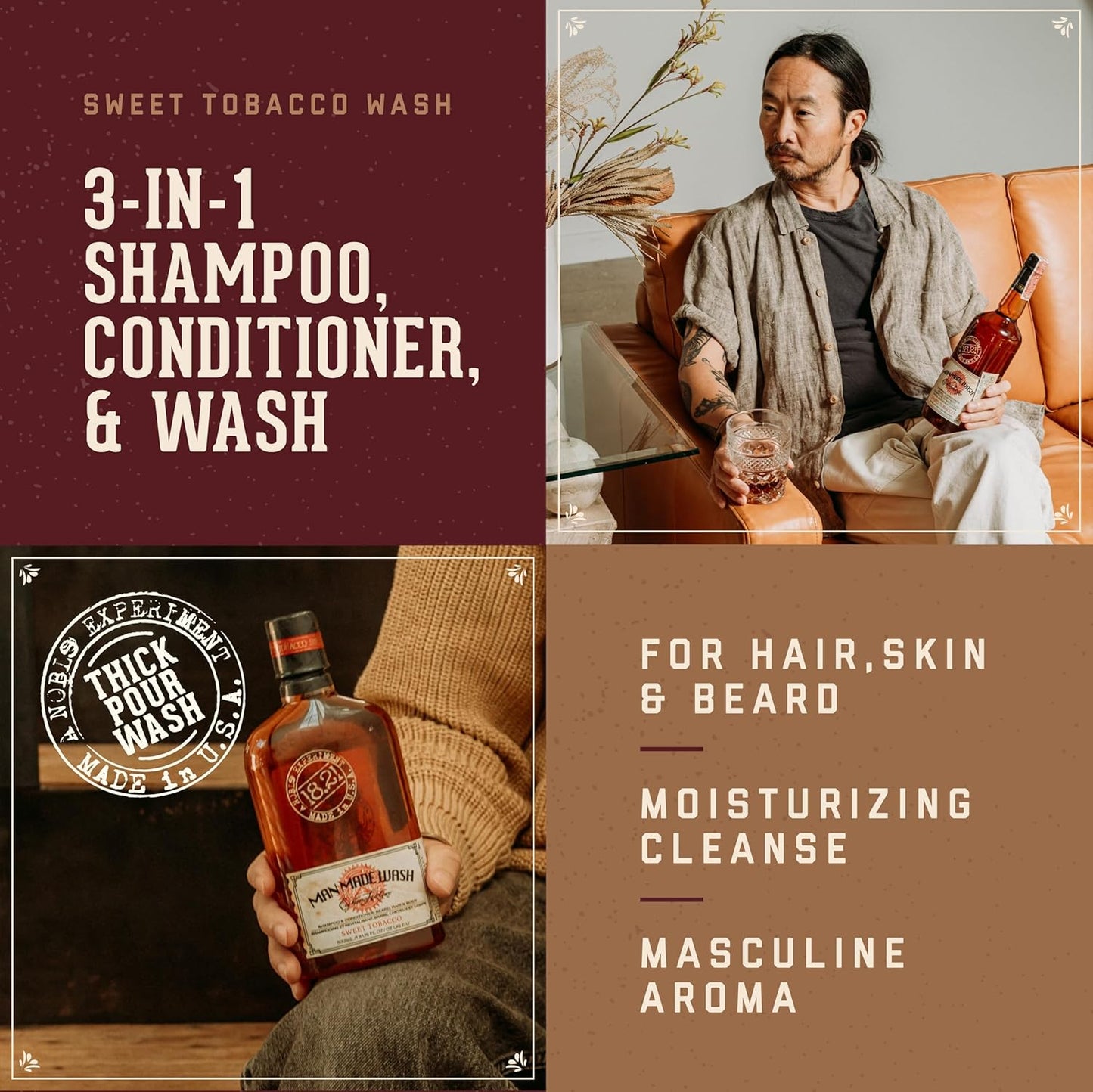18.21 Man Made 3-in-1 Body Wash, Shampoo, & Conditioner for Men, All Hair & Skin Types, Strengthens and Moisturizes in a Manly Aroma 18oz