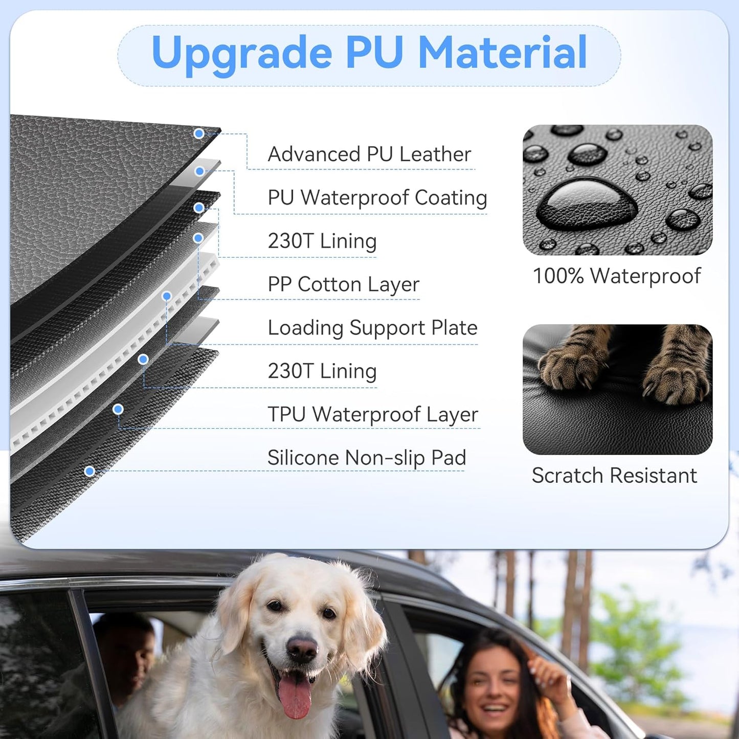Back Seat Extender for Dogs, PU Leather Hard Bottom Dog Car Seat Cover for Back Seat,Dog Hammock for Car, PU Leather Material, Larger Space, Holds 400lbs
