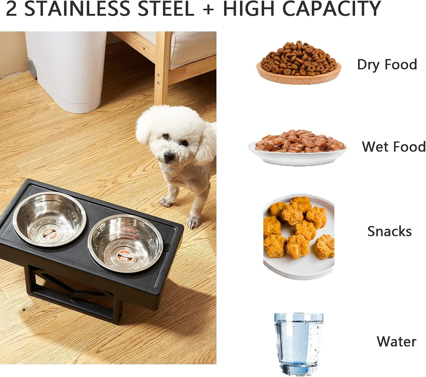 Adjustable Dog Bowl Stand, Elevated Dog Feeder with Detachable Stainless Steel Food and Water Bowl, Dog Food Bowl Stand for Dogs Cats 3 Heights, 2.75”, 8",12'',Black