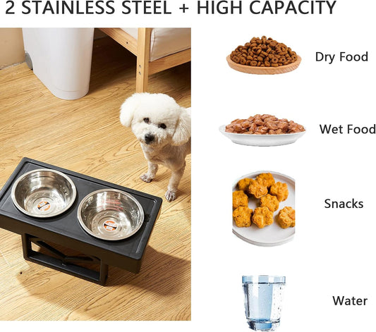 Adjustable Dog Bowl Stand, Elevated Dog Feeder with Detachable Stainless Steel Food and Water Bowl, Dog Food Bowl Stand for Dogs Cats 3 Heights, 2.75”, 8",12'',Black