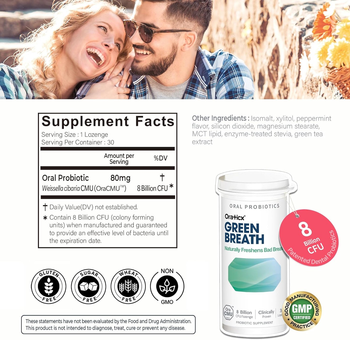 OraTicx Green Breath Oral Care Probiotics, Naturally Support Freshens Bad Breath & Healthy Mouth, Dental Probiotic Supplement 8 Billion CFU, Mint Flavor 30 Lozenges 1-PK