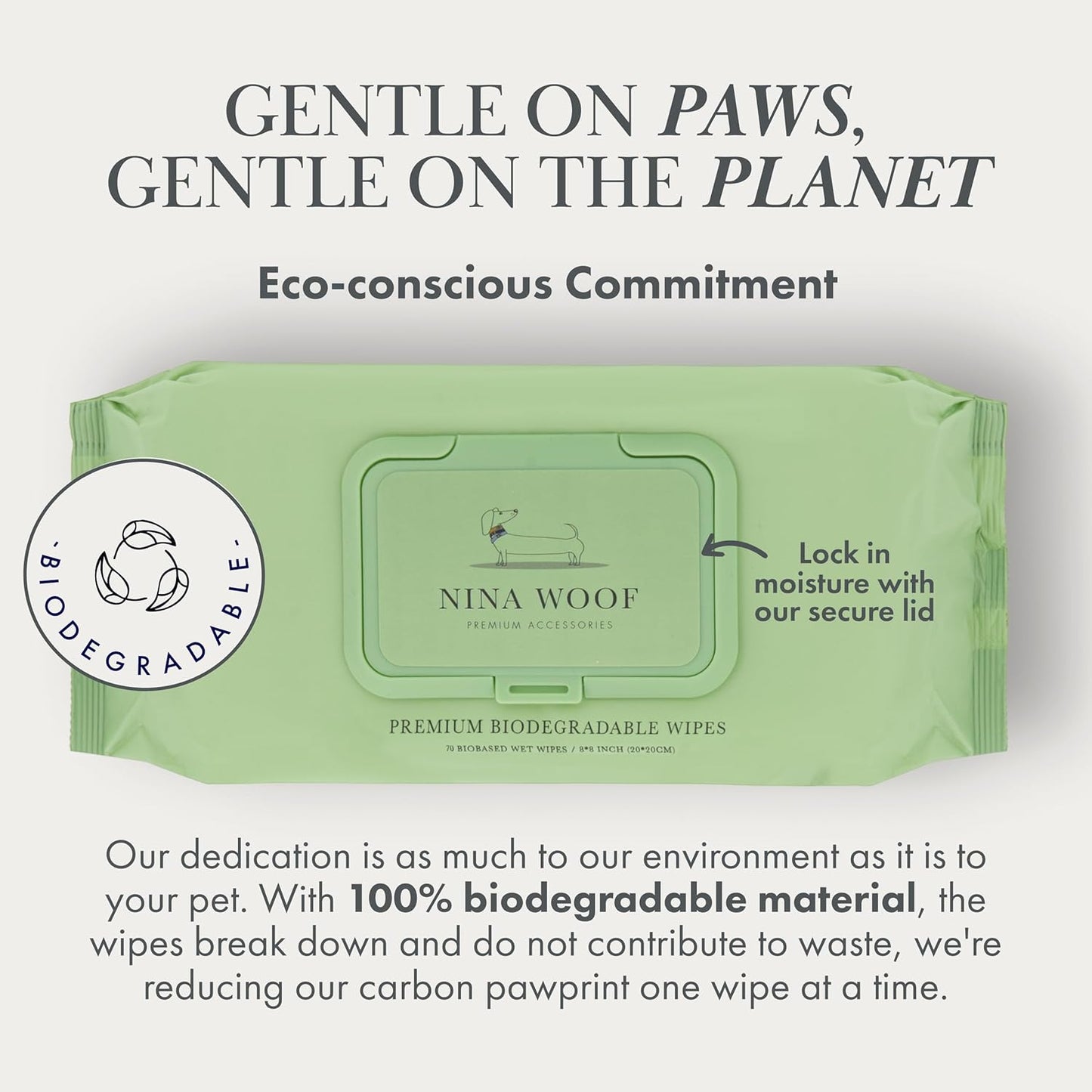 Nina Woof Dog Wipes – Fragrance-Free, Alcohol-Free, Hypoallergenic Pet Grooming Wipes with Aloe Vera, Biodegradable, for Dogs & Cats: Paws, Face, Ears & Butt – (70 Count)