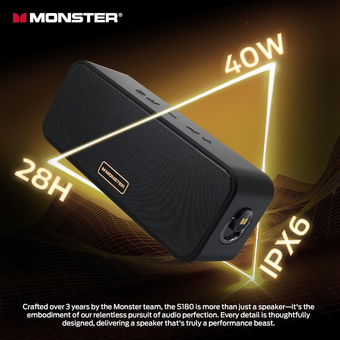 Monster S180 Bluetooth Speaker, 40W Wireless Speaker with 28H Playtime, Stereo Sound, Bluetooth 6.0, Support AUX, TF, Wireless Stereo Pairing, IPX6 Waterproof Speaker for Home, Outdoor