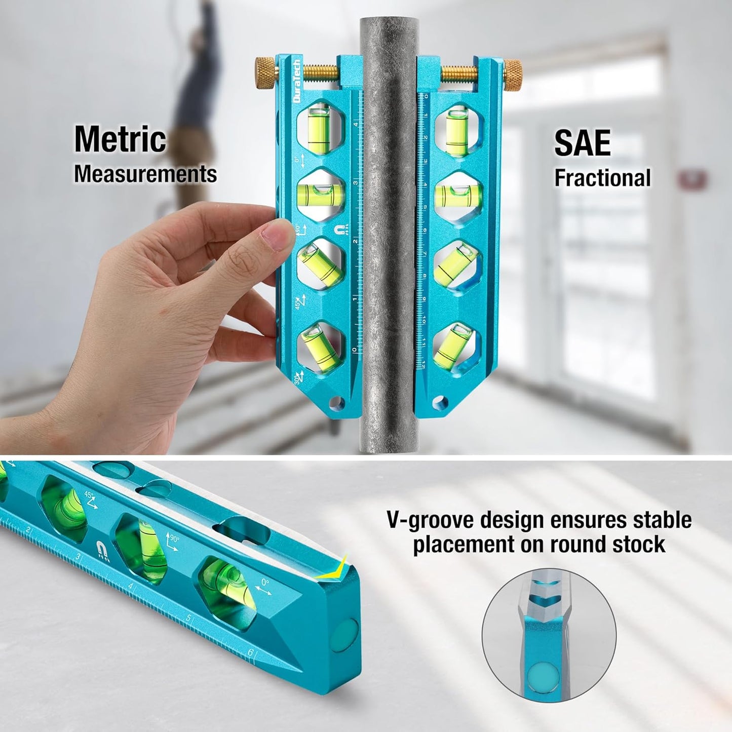 DURATECH 3-Piece Level Tool Set, Magnetic Torpedo Level Included 2.5", 6.25", 8" Leveler with 0°/30°/45°/90° Bubbles, V-Groove, Large Viewing Window, Aluminium Alloy Construction, SAE and Metric Scale