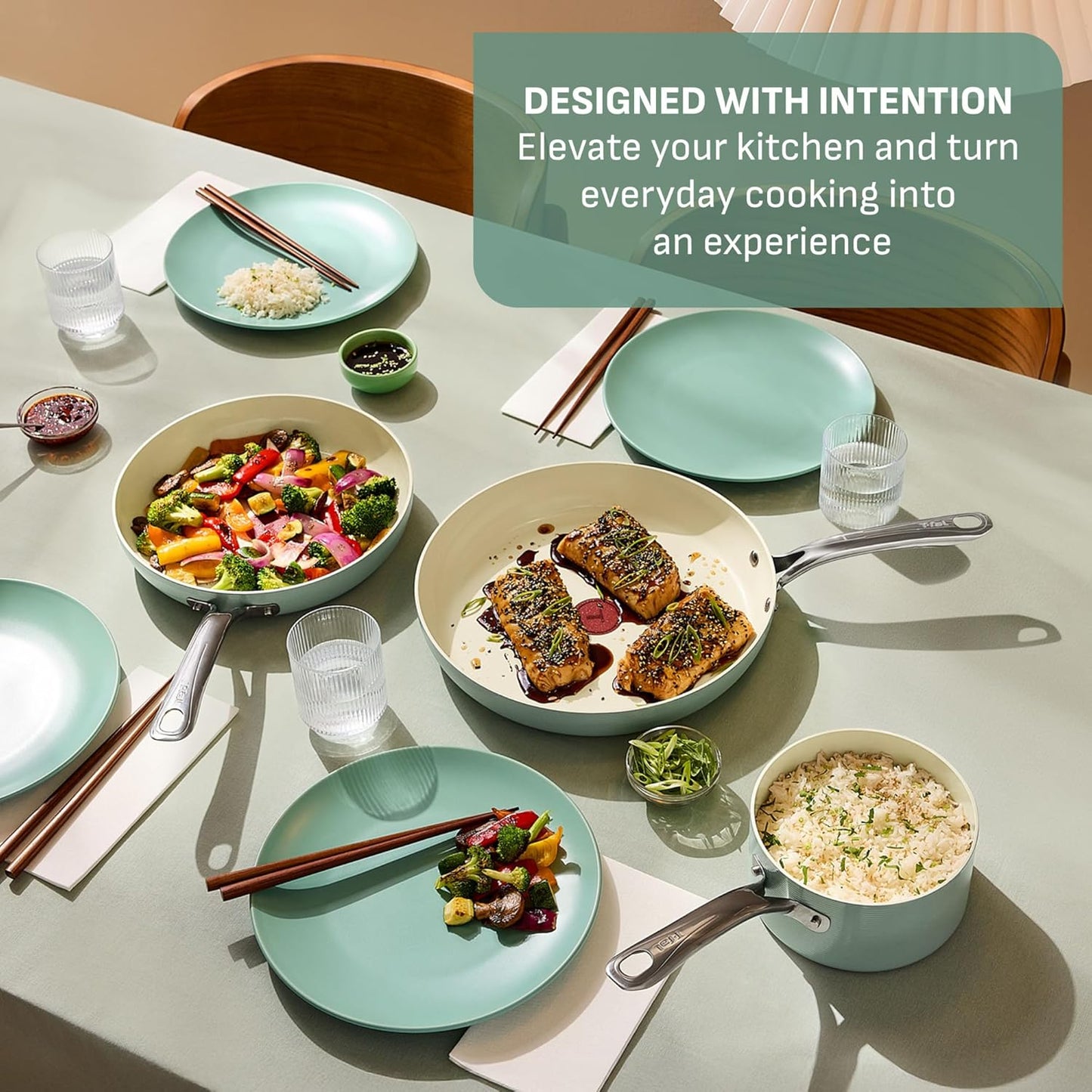 T-Fal Inspire Nonstick Ceramic Cookware Set, 10-Piece, Oven Safe to 500°F, Stockpot, Ceramic Pots and Pans Set, Frying Pans, Saucepans, Stockpot, Protectors, Mint Green