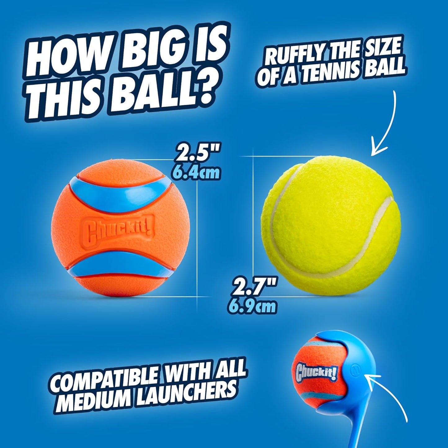 Chuckit! Ultra Dog Ball & Launcher Bundle Classic 26M 26" Length with 2 Pack Medium (2.5") Bouncy Fetch Balls for Dogs 20-60 lbs, Dog Fetch Ball Thrower