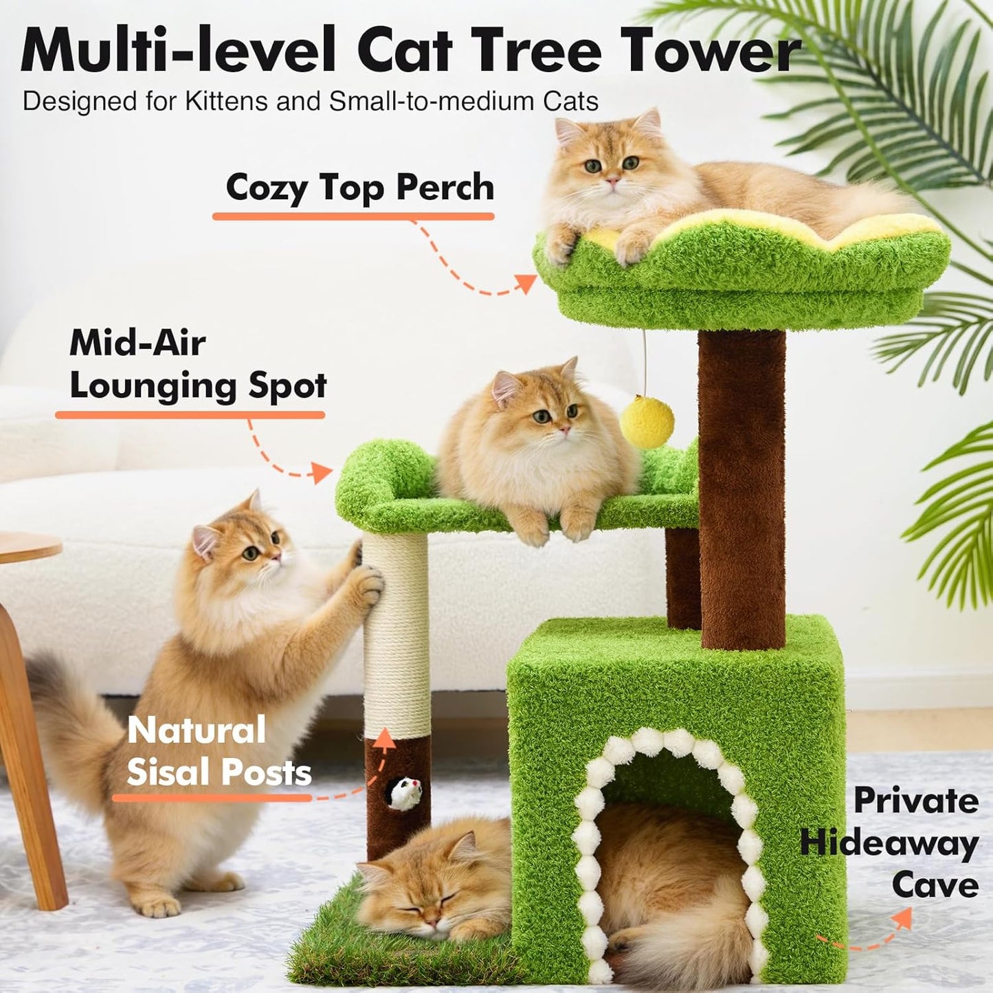 Flower Cat Tree with Cat Condo for Indoor Cats, 29" Cat Tower with Sisal Scratching Post and Top Perch, 3-in-1 Multi-Level Cat Tower for Small Cats and Kittens