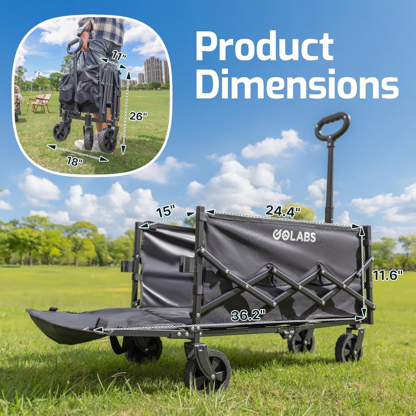 Golabs Collapsible Wagon Cart Max 350lb Load & Expandable Storage 100L, Double Bearing Design for Flexible Steering, Foldable Heavy Duty Garden Cart with 2 Cup Holders for Groceries, Garden & Camping