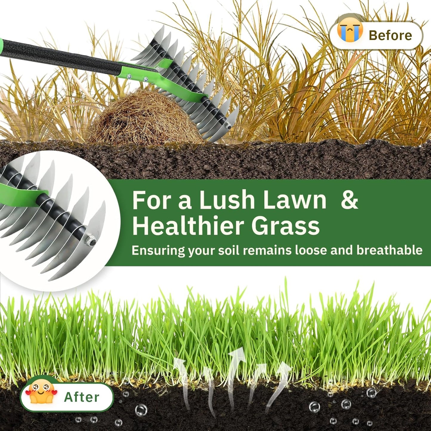 Thatch Rake, 13" Wide Efficient Dethatcher Rake with 70" Adjustable Long Handle, Heavy Duty Steel Metal Dethatching Rakes for Cleaning Dead Grass, Loosening Soil, Lawn Care in Yard Garden