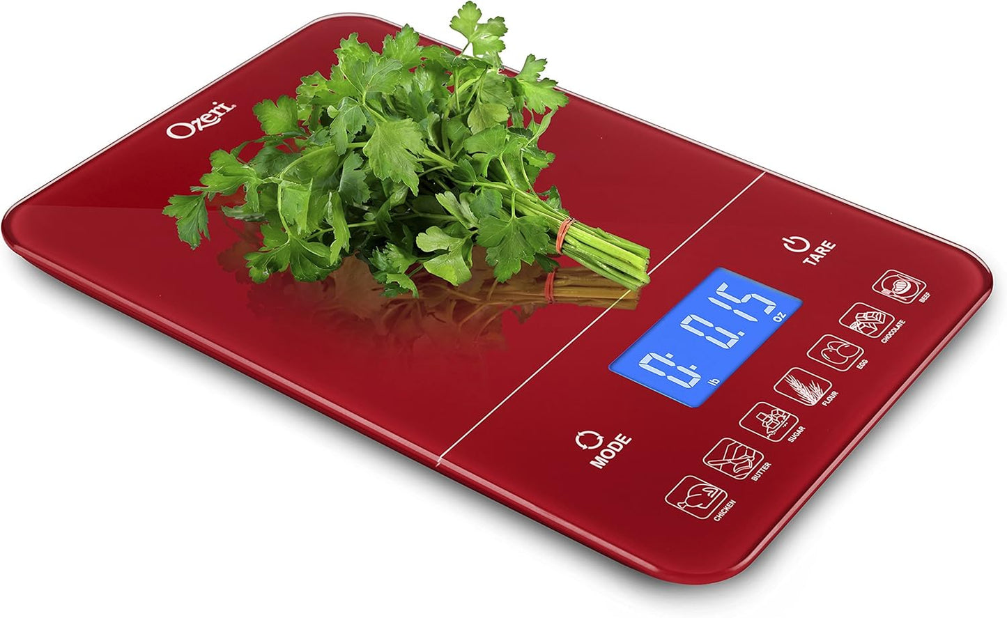 Ozeri Touch III 22 lb (10 kg) Digital Kitchen Scale with Calorie Counter in Tempered Glass, Red Engine