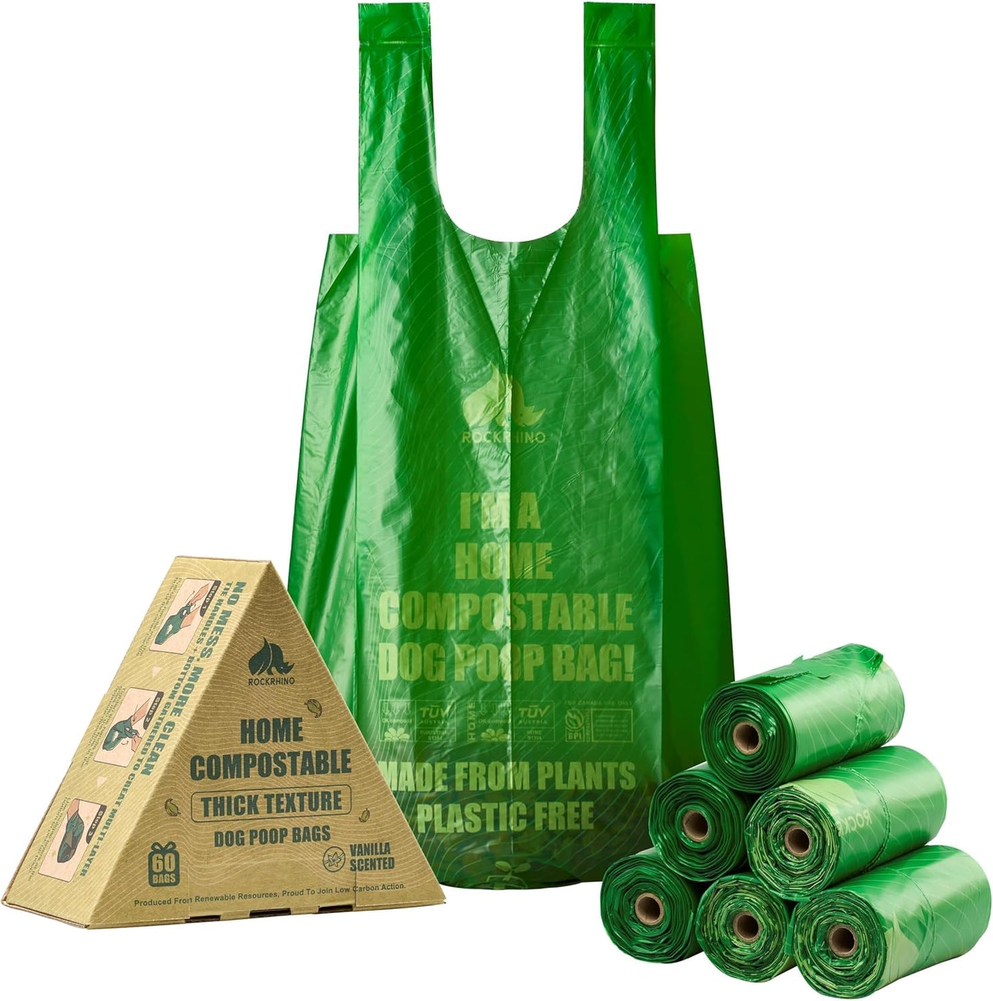 Ultra Thick & Deep RockRhino Dog Poop Bags for Large & XL Breeds | 4-Layer Interlocking Bottom | 100% Home Compostable, 0% Plastic | Vanilla-Scented | 60 Bags, Easy Open Tie Handles, Not for Scooper