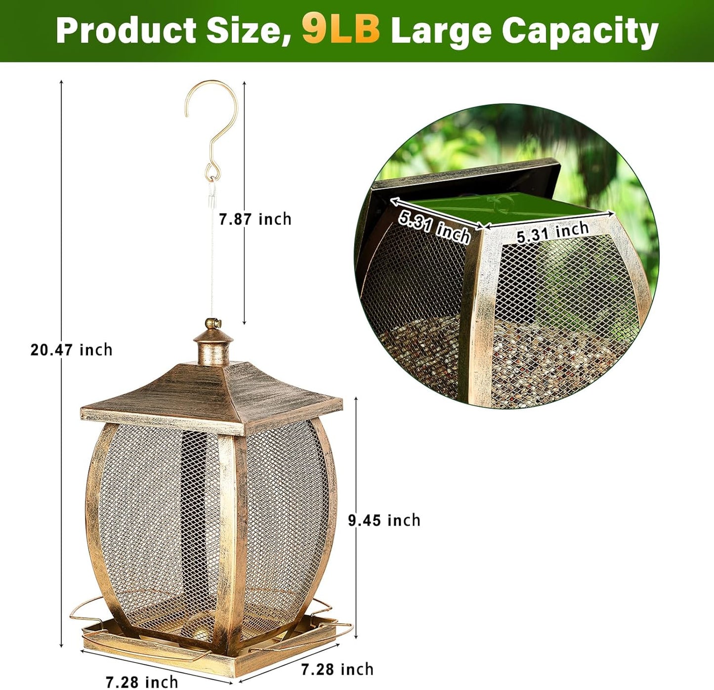 Bird Feeder, Heavy Duty Metal Wild Bird Feeders for Outdoors Hanging, 9 Lbs Extra Large Retro Lamp Shape Birdfeeder for Garden Yard Outside Backyard, Easy Fill
