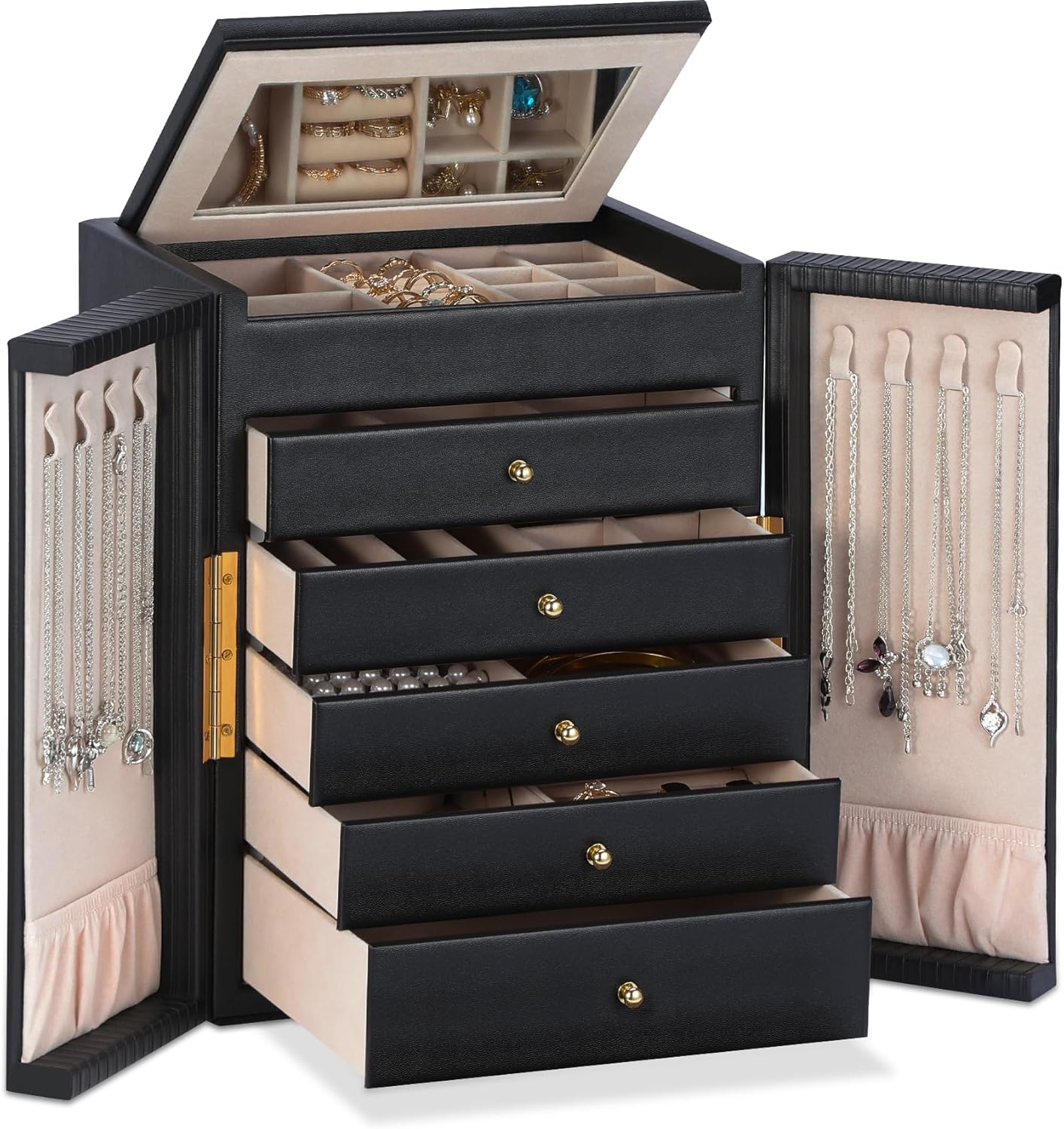 Dajasan Large Jewelry Organizer Box with 5 Drawers, Jewelry Box for Women, 6-Tier Jewelry Storage Organizer with Mirror for Necklace Ring Bracelet Watch, Gift Idea (Black)