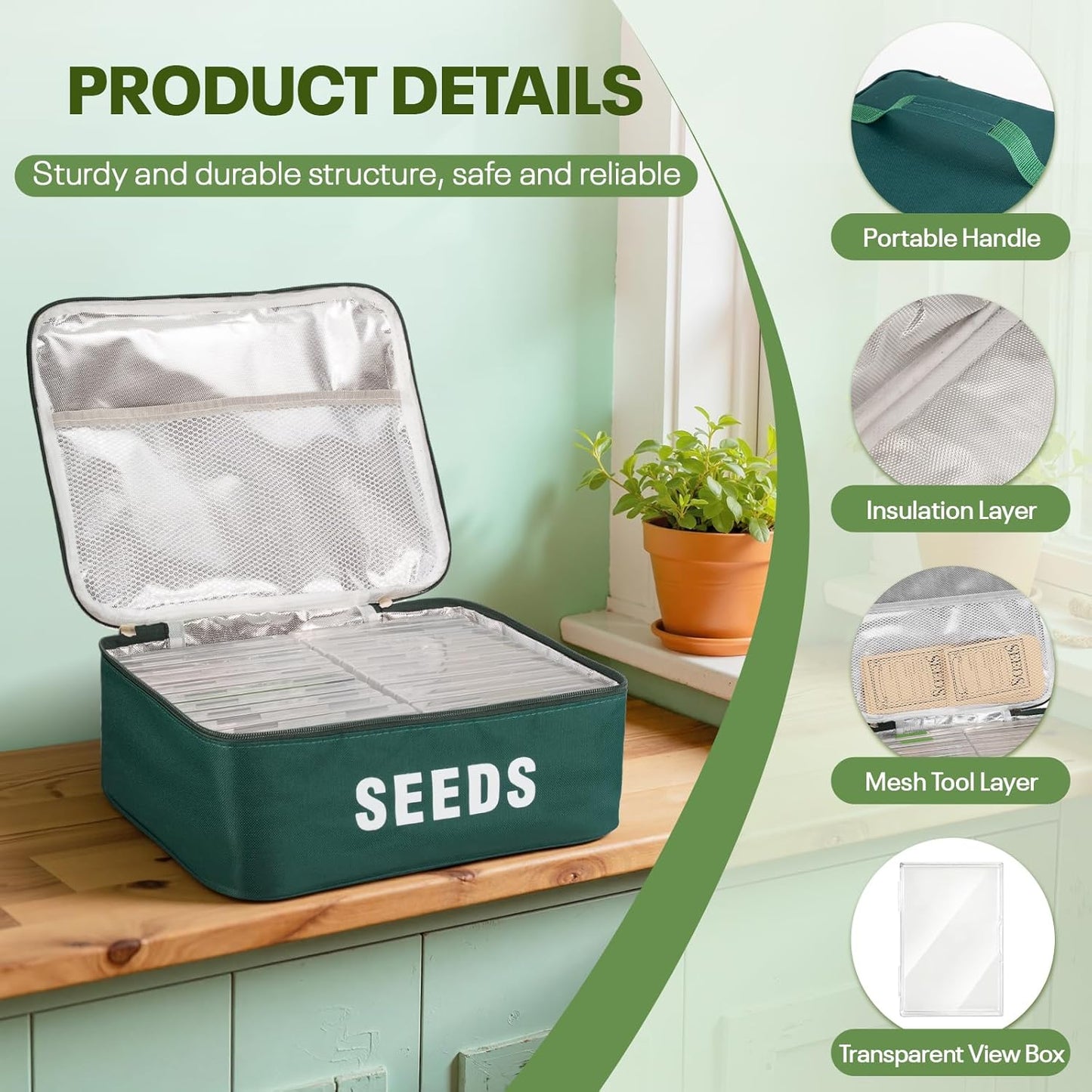 22 Slots Seed Storage Organizer Box with & 30 Seed Envelopes, Large Capacity Seed Packet Organizer Case with Labels, Portable Waterproof Garden Seed Storage Kit for Vegetable Flower Seeds, Green