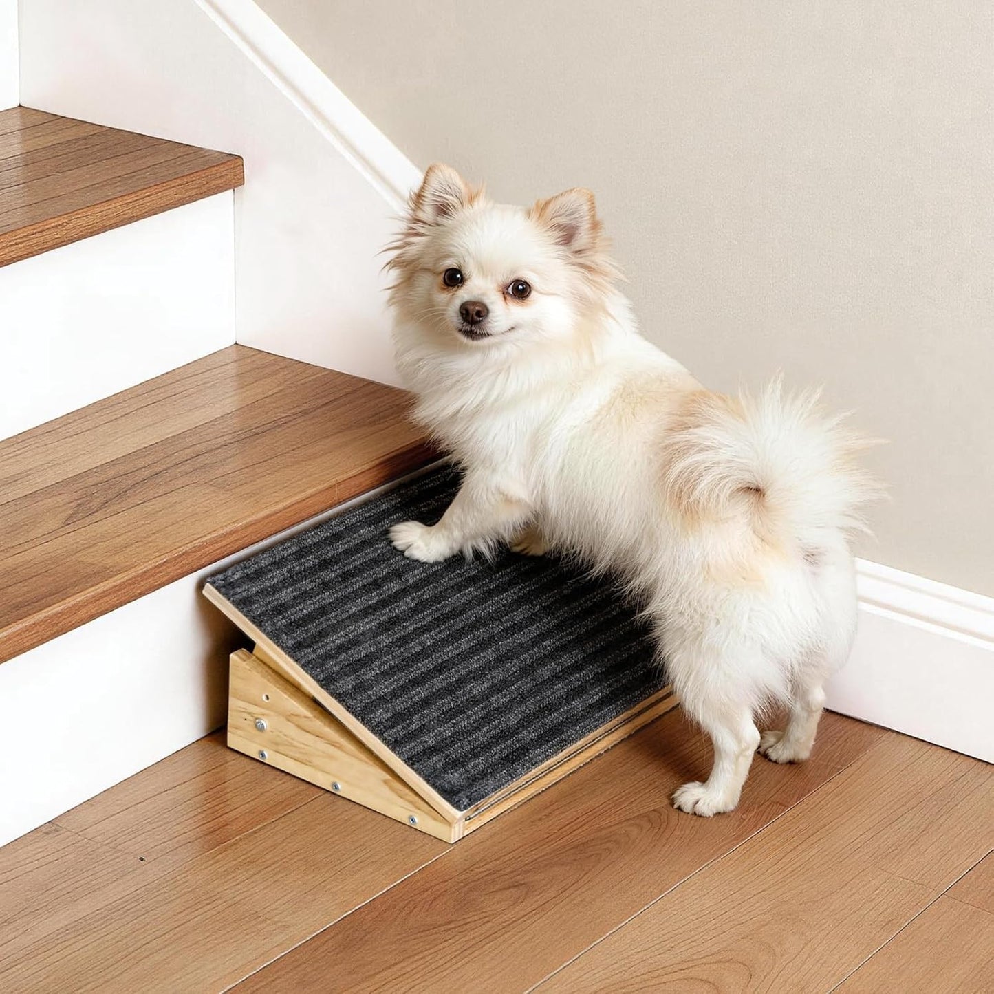 Adjustable Dog Ramp for Stairs with 3 Heights, Anti-Slip Small Dog Ramp for Indoor & Outdoor, Solid Wood Pet Steps for Small/Senior/Injured Dogs, Gentle Slop Ramp for Stairs with Carpet Surface
