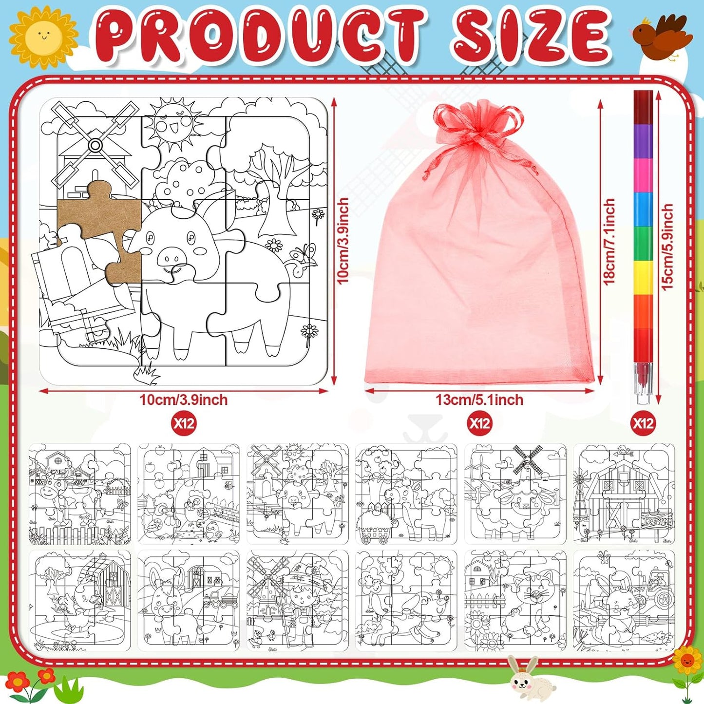 12 Sets Farm Animal Puzzles Barnyard Color Your Own Puzzles DIY Barn Theme Jigsaw Crafts with 12 Stackable Crayons 12 Bags for Farmhouse Animal Gifts Birthday Party Supplies Favors