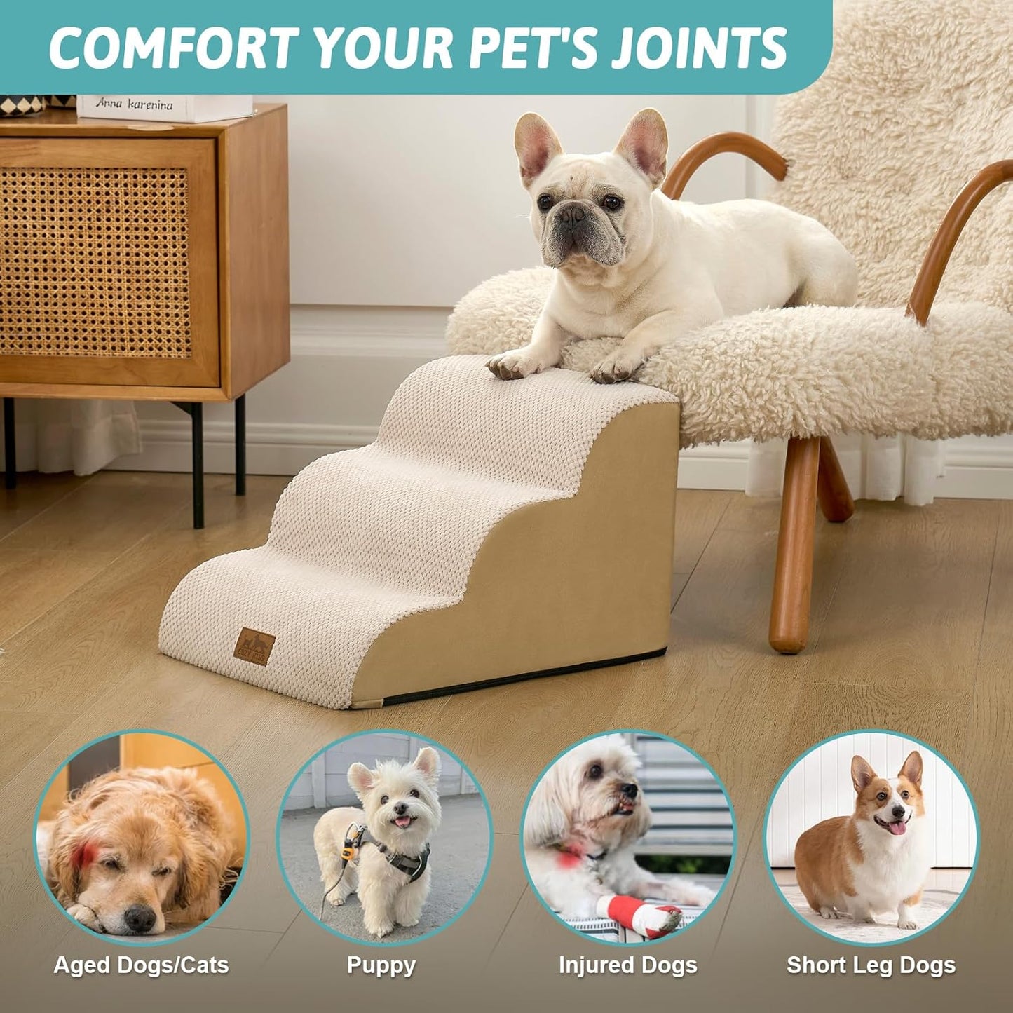 Dog Stairs for Small Dogs 13" H, 3-Step Slope Curved Dog Steps for Couch, Chair or Bed, Sturdy Pet Stairs for Puppy, Older Cat, Cat Ladder with High Density Foam, 15.7x20x13 inch, Beige