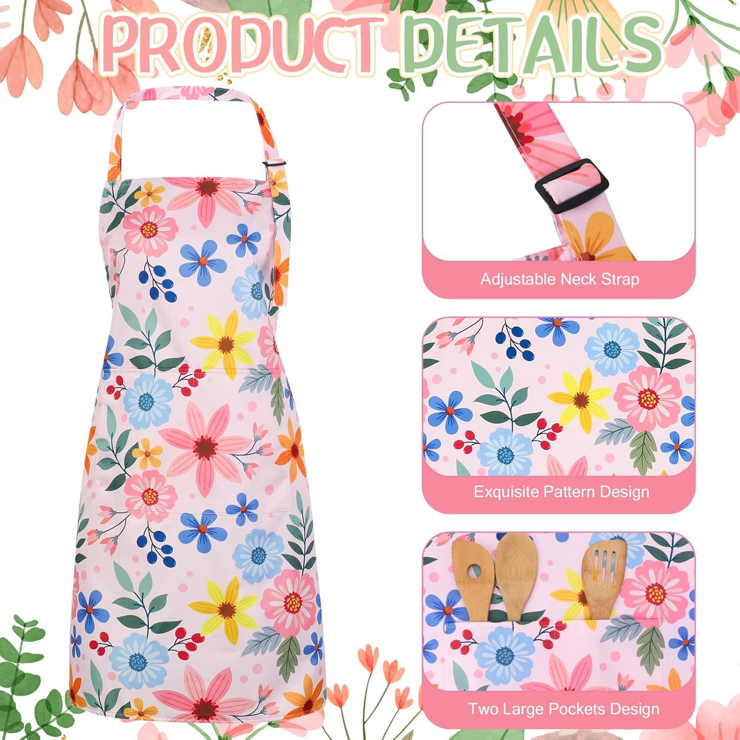 2 Pack Floral Apron for Women with Pockets, Adjustable Kitchen Chef Apron for Cooking, Baking, Gardening, Crafting