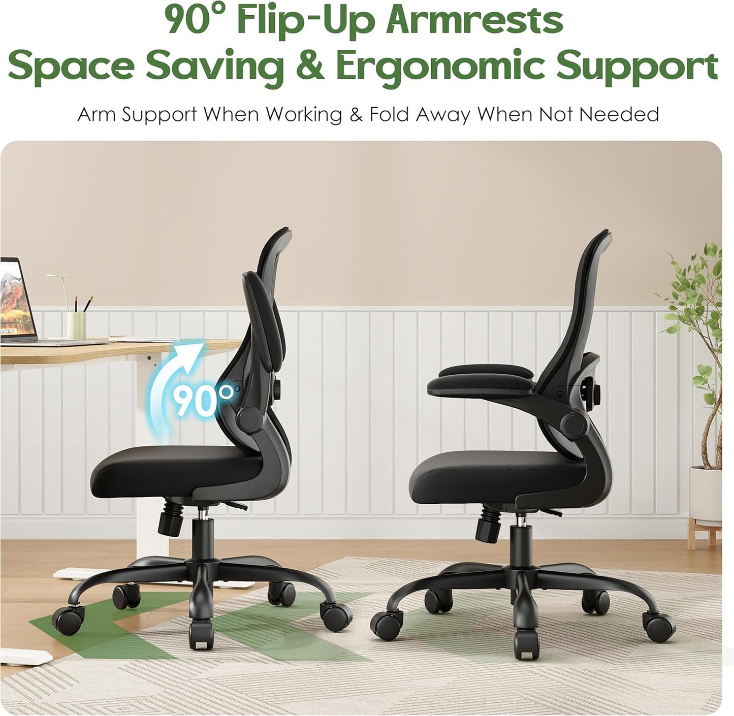 Office Chair Ergonomic Desk Chair - Mesh Comfy Home Desk Office Chairs with Wheels Adjustable Lumbar Support Flip up Armrest Executive Rolling Swivel Teacher Task Computer Chair Black