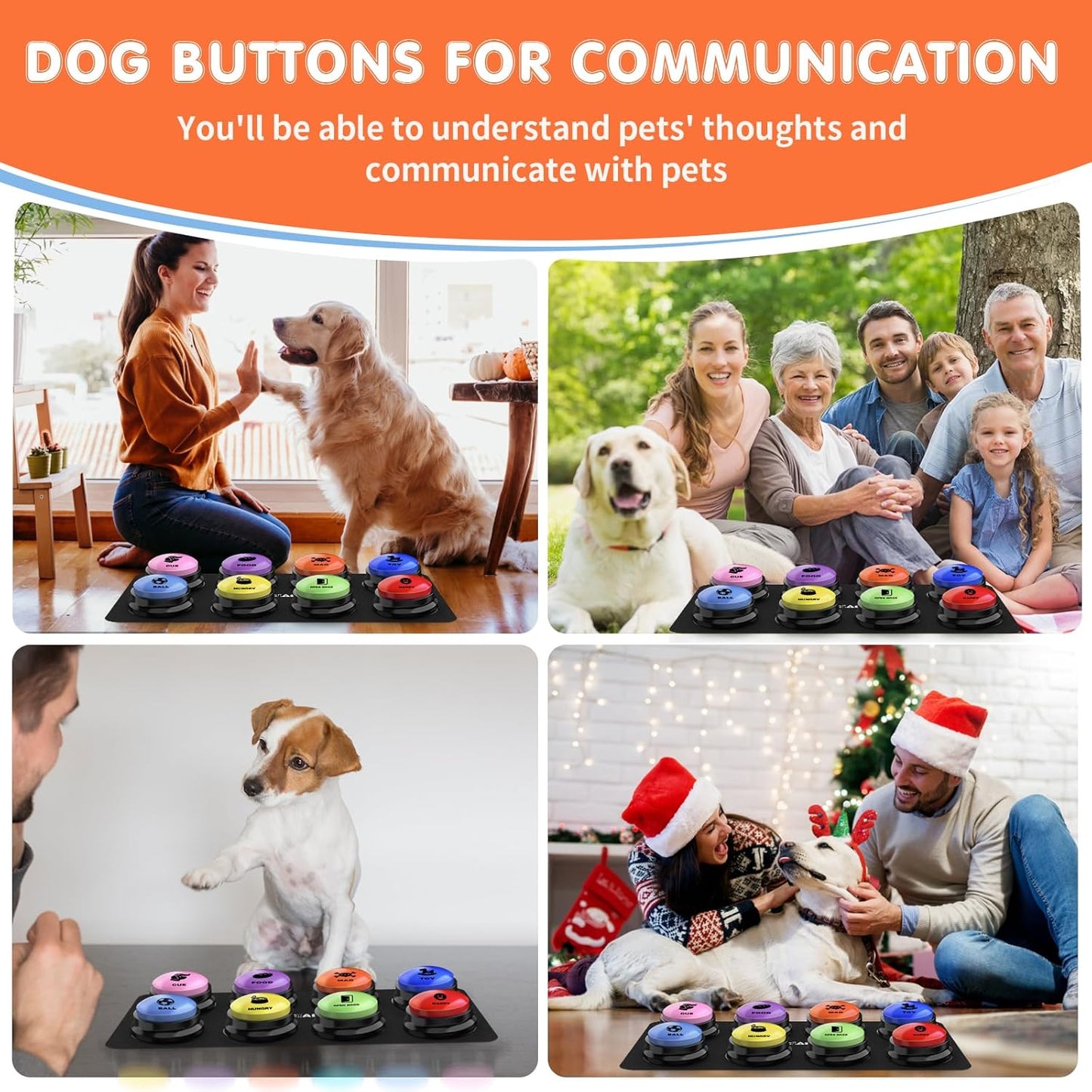 Dog Buttons for Communication,Talking Buttons for Dogs,8 Recordable Sound Buttons + 24 Scene Patterns + 1 Dog Button Mat+ 16 AAA Batteries，30 Seconds Dog Buttons for Pet Sound Training Toy