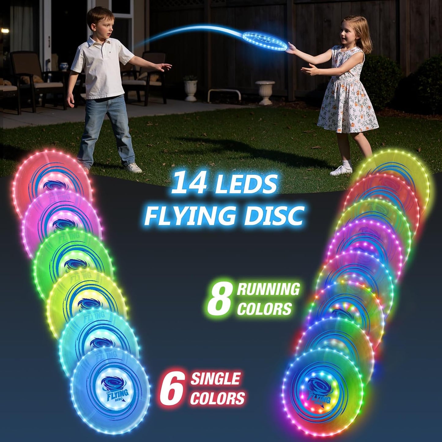 2 Pack Light up Flying Discs for Kids, 45 LEDs, 14 Lighting Modes, Rechargeable Glow in The Dark Flying Ring for Beach, Camping, Outdoor Game, Sport Toys for Teens Boys Adult
