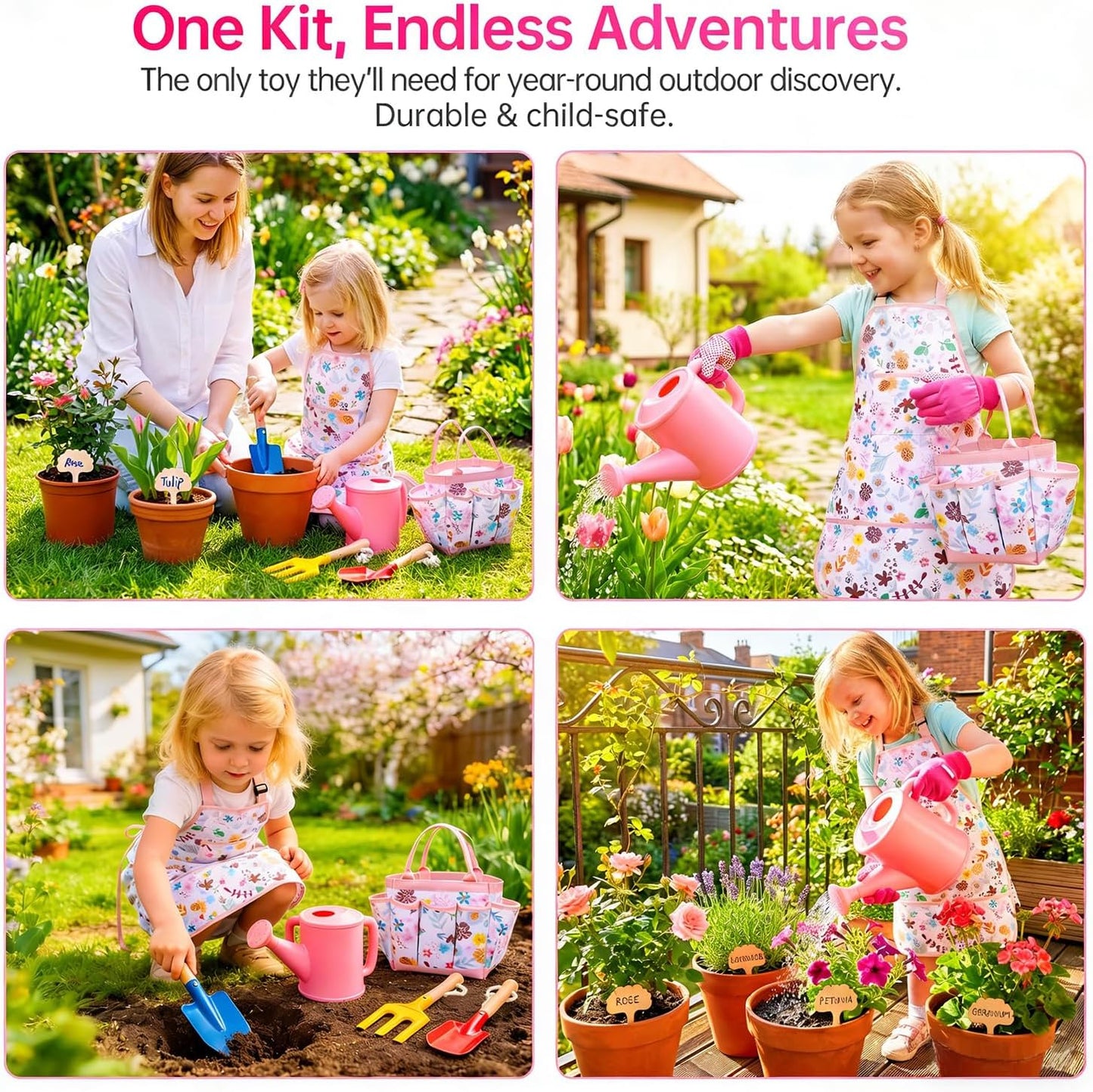 Kids Gardening Set - Gardening Tools for Kids includes Watering Can, Shovel, Rake, Gloves, Waterproof Apron and Garden Tote Bag, Children Garden Tool Outdoor Toys Gifts for Boys Girls Age 3 4 5 6 7 8