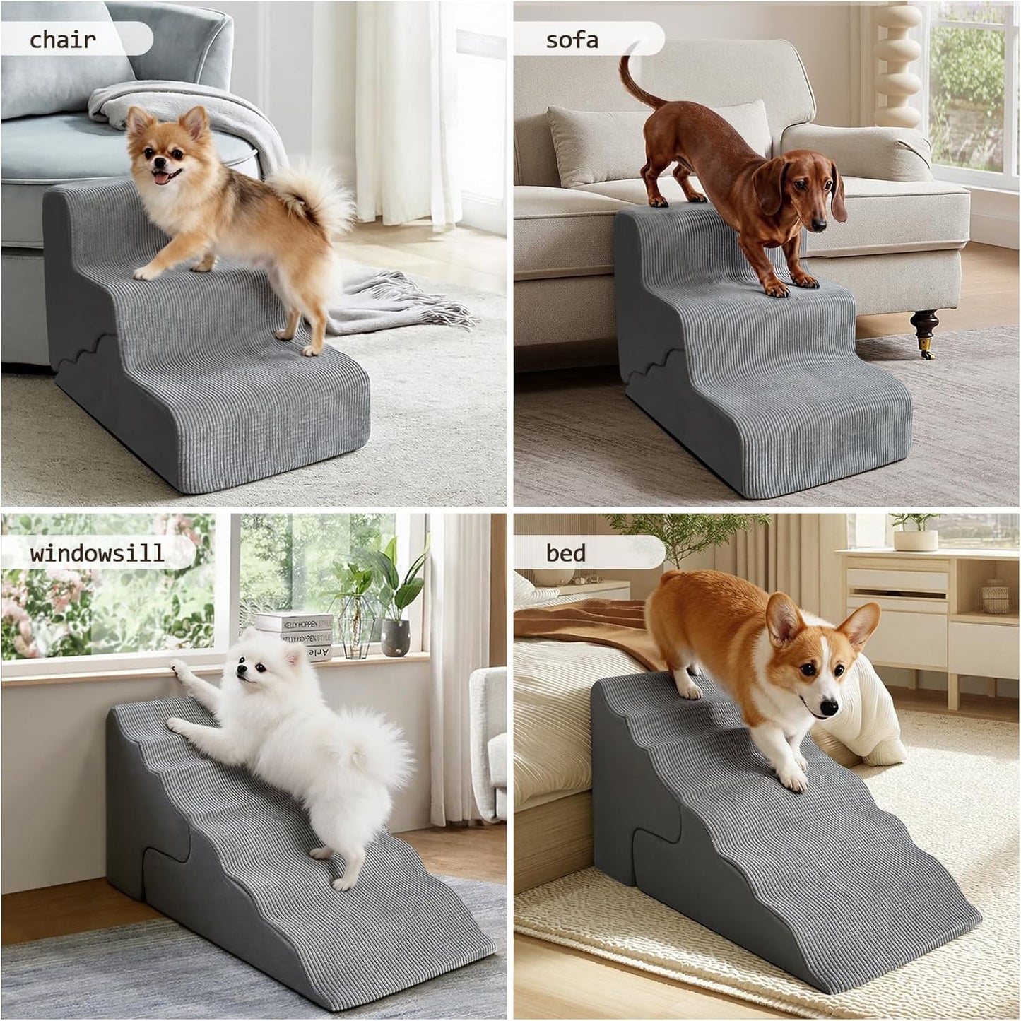 Pet Dog Stairs for Small Dogs, 2 in 1 Transformable 3-Step Pet Stairs and Wave Anti-Fall Slope for Short Legs and Long Legs Dog, for Couch (12-19 in) with Durable Non-Slip Waterproof Cover（Grey）