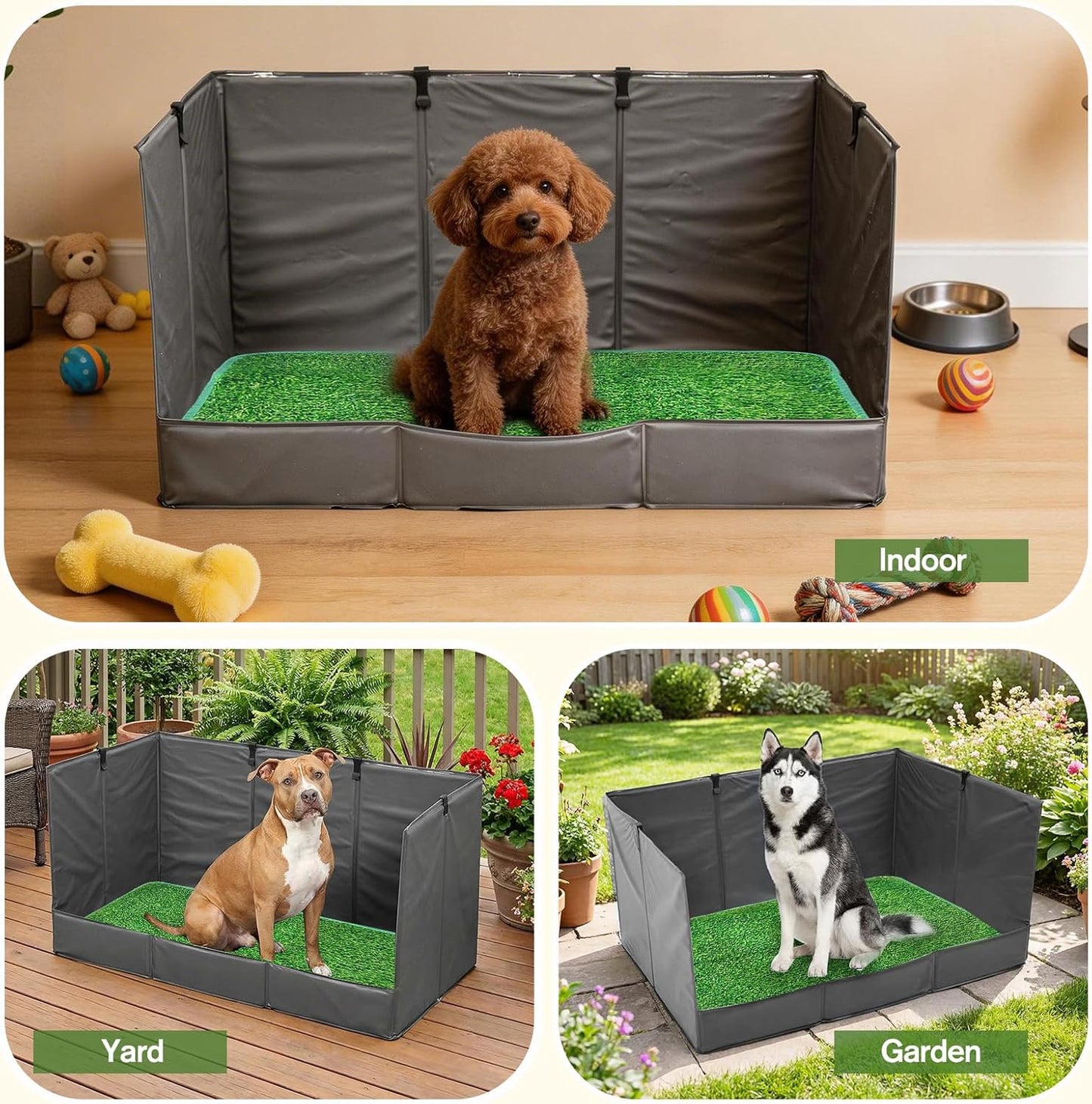 33.5"×23.6"×15.9" High Walls Dog Potty Tray with Artificial Grass, Foldable Dog Pee Pad Holder with 4-Inch Baffle, Waterproof Indoor Dog Litter Box for Small to Medium Pets