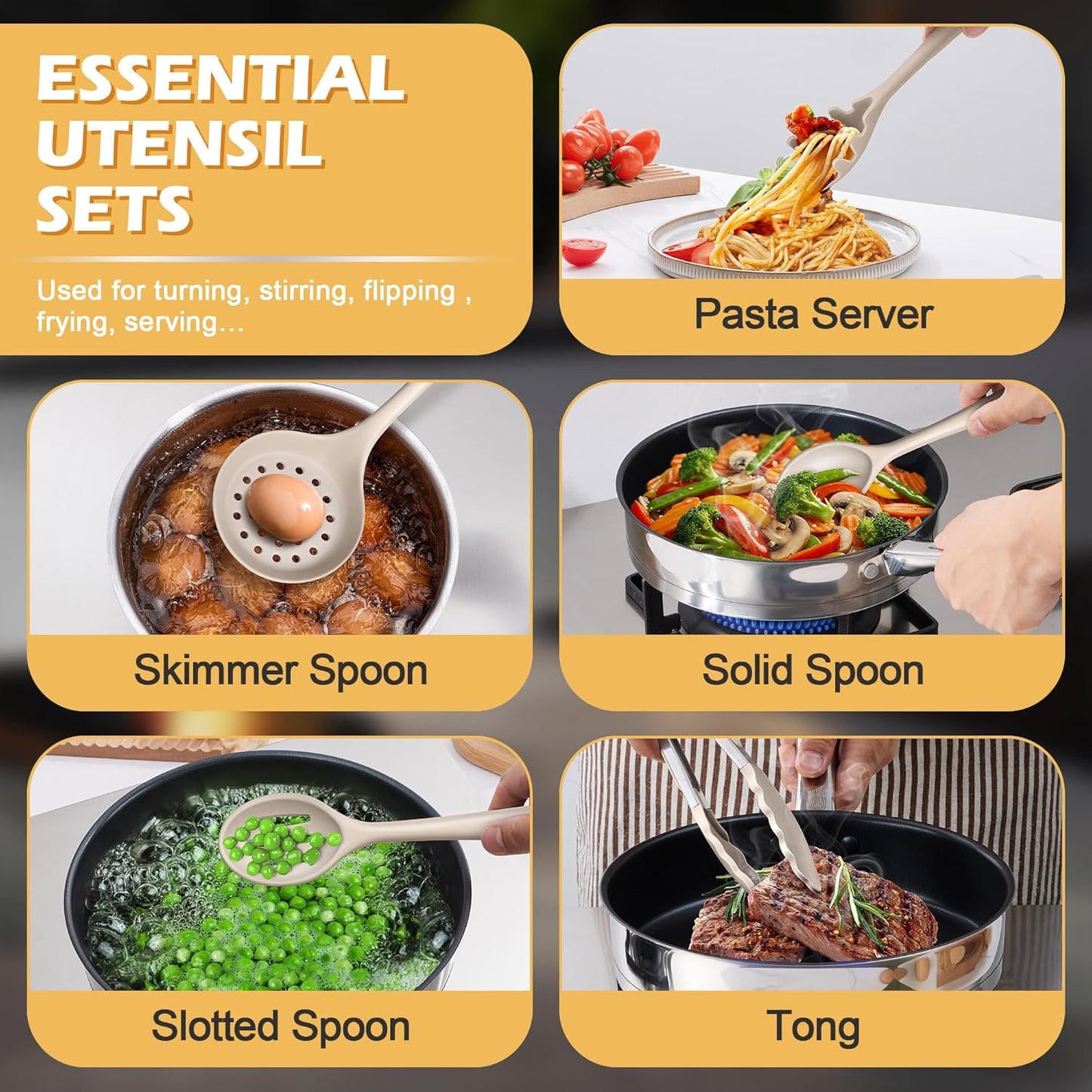 15-Piece Kitchen Cooking Utensils Set with Holder, Homikit Heat Resistant Food Grade Silicone Kitchen Utensils include Slotted Spatula Ladle Turner for Nonstick Cookware, Dishwasher Safe- Khaki