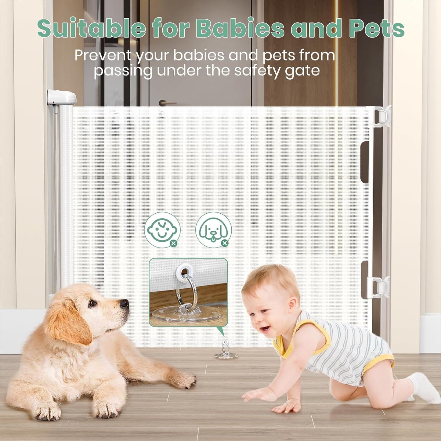 HAMOPY Retractable Baby Gate, 33" Tall, Extends up to 71" Extra Wide Baby Gate, Durable Auto-Lock Mesh Dog Gate, Pets and Child Safety Gates for Stairs, Doorways, Hallways, Indoor, Outdoor(White)