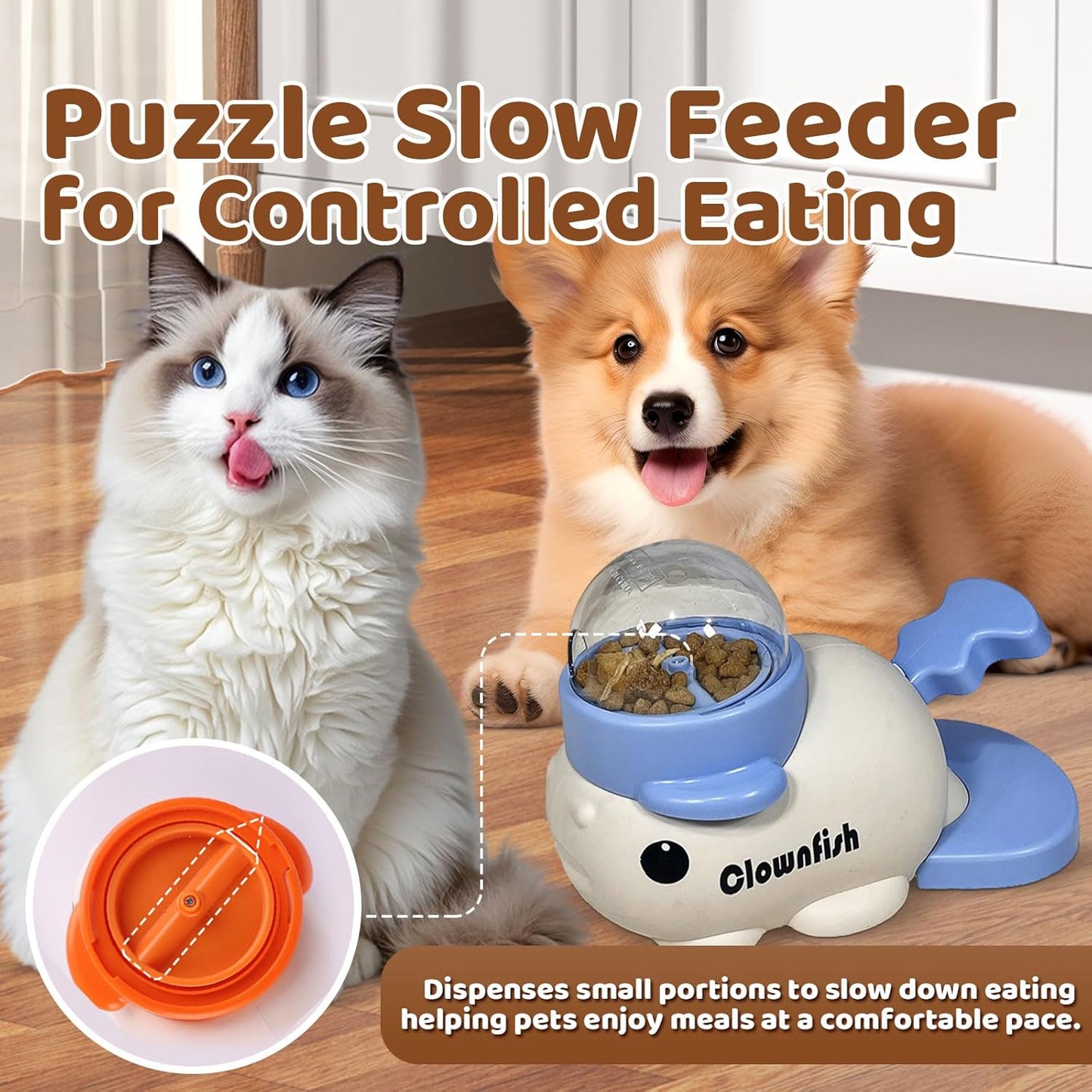 Interactive Clownfish Dog Treat Dispenser Toy with Spinning Tail, Puzzle Slow Feeder for Dogs & Cats, Treat Dispensing Food Puzzle Feeder, Includes Cleaning Cloth & Brush (White)