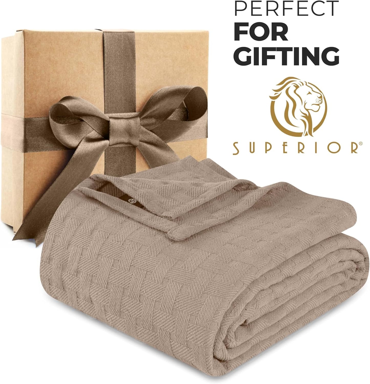 Superior Basketweave Cotton Blanket, Basket Weave Design, Soft, Comfy Cover for Bed, Bedding, Bedroom, Couch Throw, Lounging, Modern Boho Medium Weighted Blankets, Full/Queen, Khaki