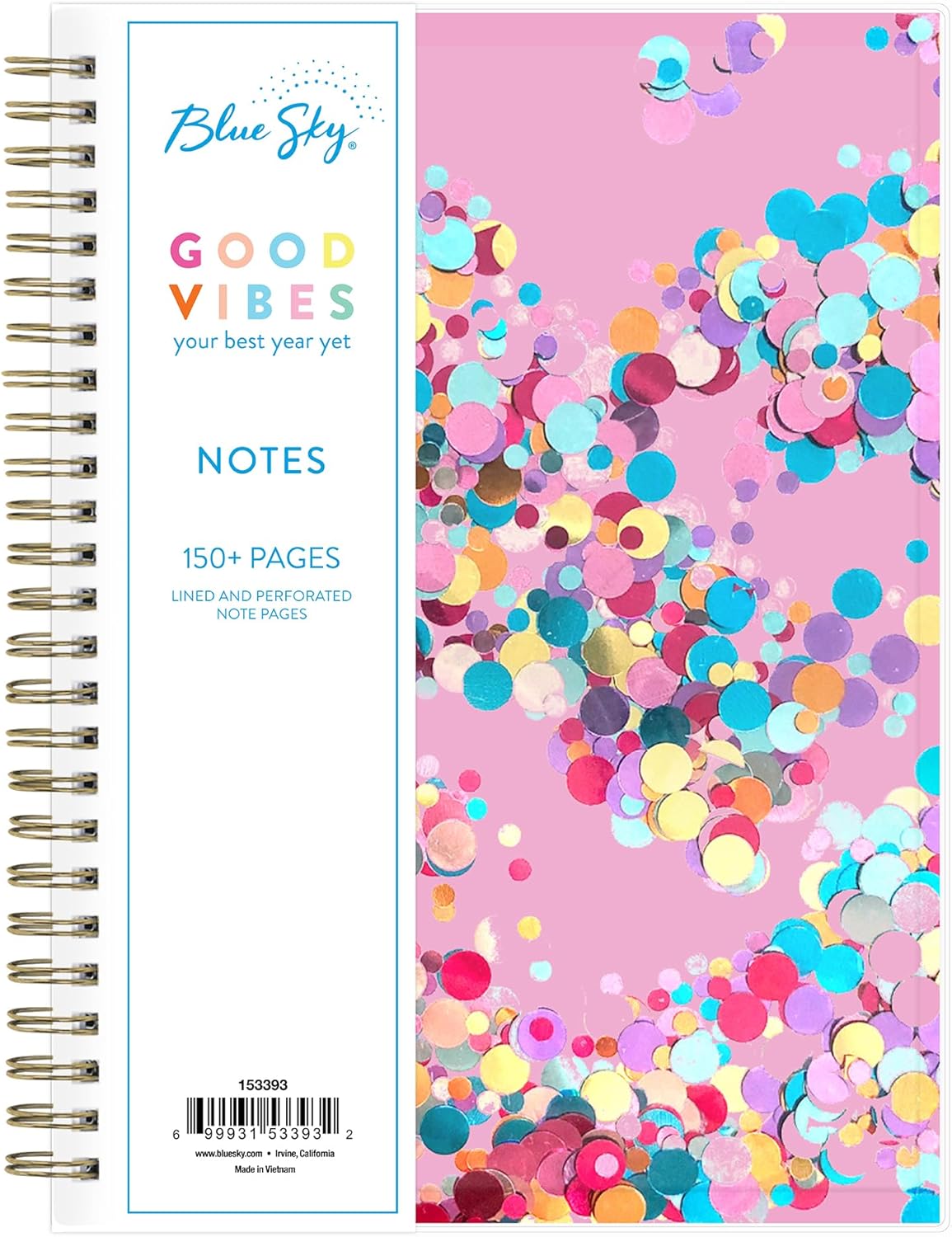 Blue Sky Good Vibes Notebook, 160 Lined And Perforated Pages, 5.75" x 8.5", Gold Durable Twin Wire Binding, Flexible Glitter Shaker Cover, Party Dots Pink