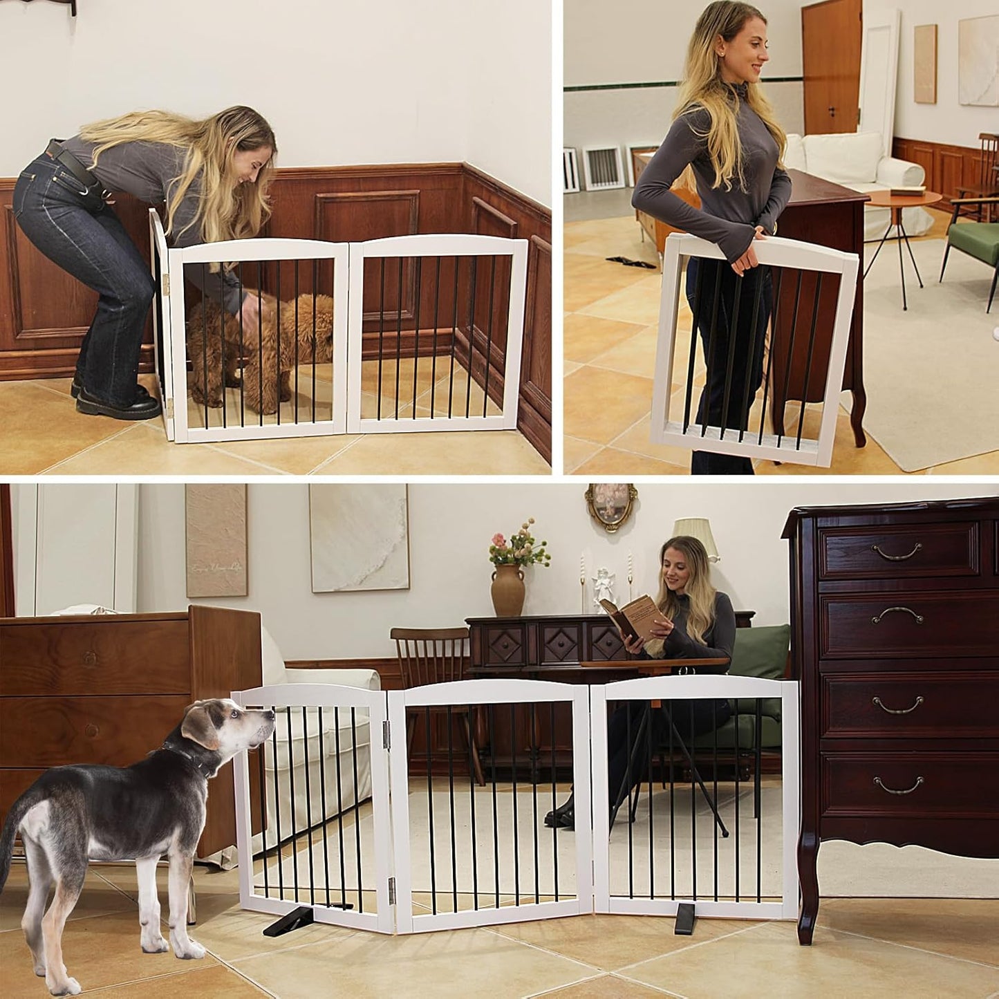 Freestanding Panel Dog Gate for Indoor, Doorways,Stairs, or Hallways,Foldable Wooden Dog Fence for House,Pet Gate for Dogs, Puppy Gate,Support Feet Included,24 "Height-3 Panels,White