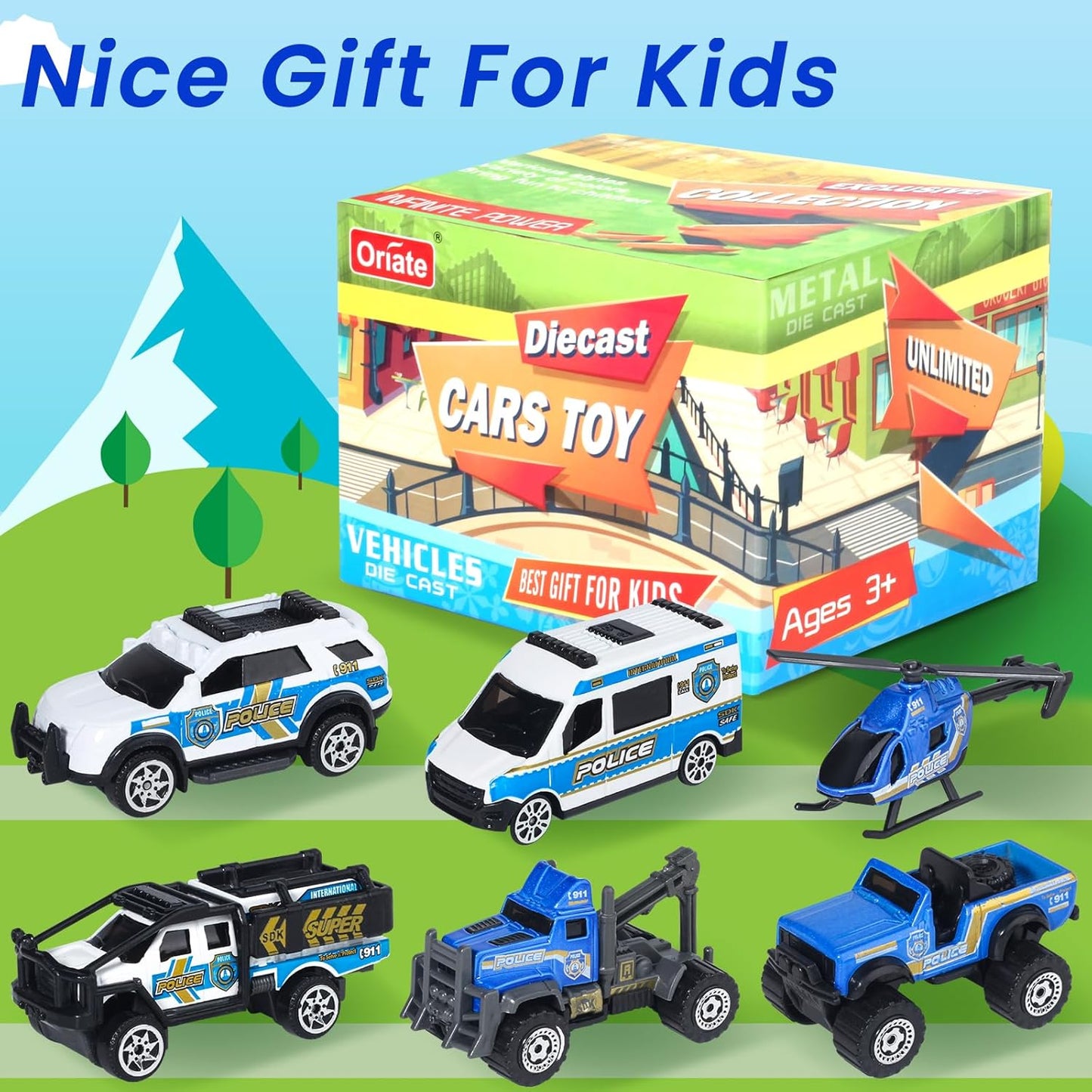 Oriate 6 PCS 1:64 Die-Cast Police Car Toys & Emergency Vehicles Set - Include Helicopter, Tow Truck Toy, ATV - Cake Topper, Police Cars Party Favors, Birthday Gift for Boys Girls Ages 3 4 5 and Above