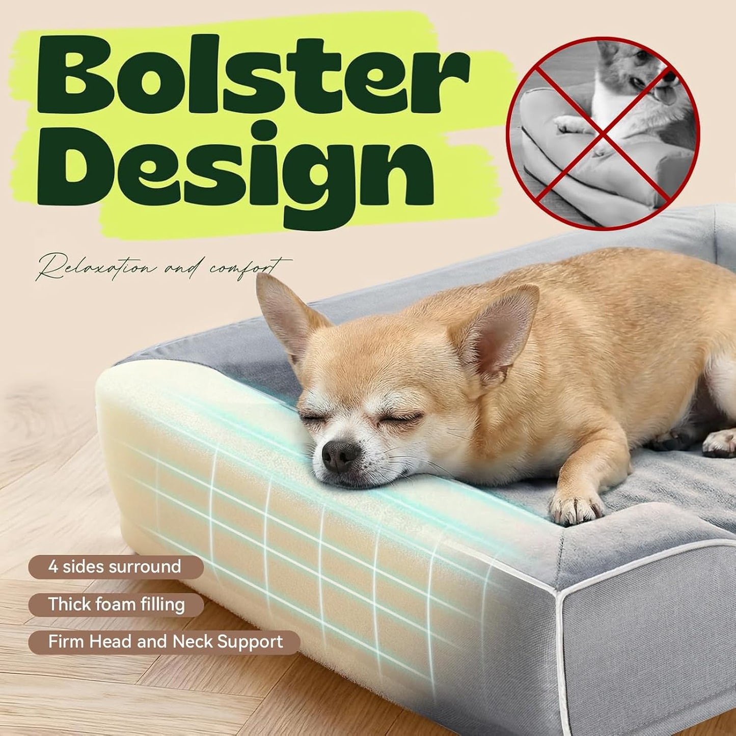 24 Inch Orthopedic Dog Couch Bed for Small Dogs/Cats,Cooling Gel Memory Foam + Egg Crate Foam,Waterproof Removable Washable Cover,4-Sided Bolster,Non-Slip Bottom,Grey
