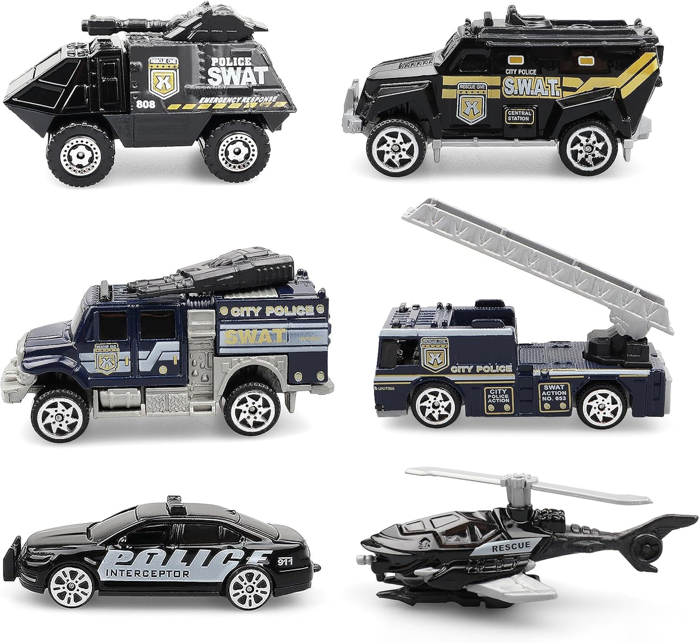 6 Pack Diecast Police Car Toy Set – Mini Alloy Police Vehicles for Boys Ages 3-7, Includes Armored Car, Rescue Truck, Bulletproof SUV, Military Helicopter – Birthday Gift for Kids