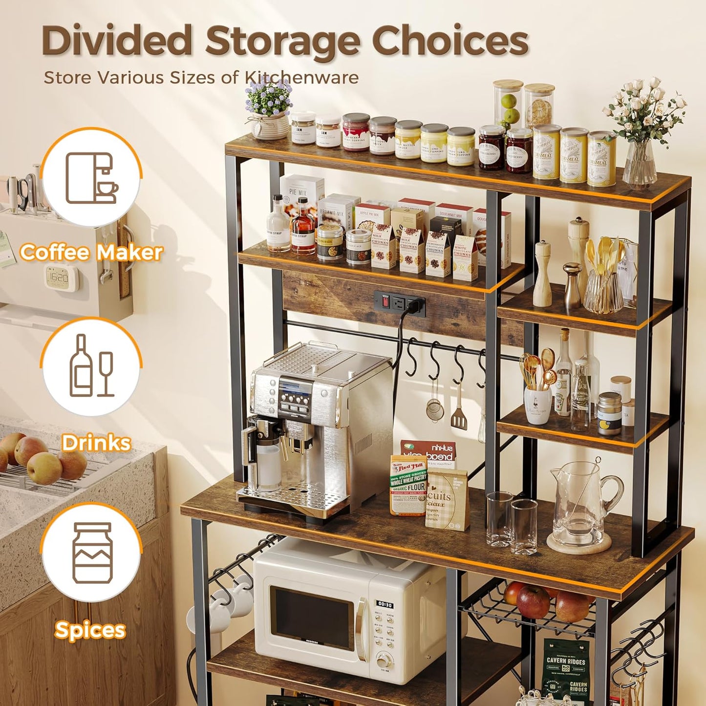 SUPERJARE Large Bakers Rack with Power Outlets, 6-Tier Microwave Stand, Coffee Bar with 12 S-Shaped Hooks, Kitchen Shelf with Wire Basket, 39.4 x 14.6 x 66.9 Inches, Rustic Brown